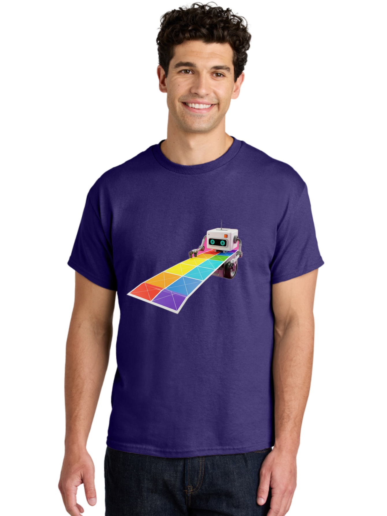 Robot-Dj-Booth Men'S Graphic Tee, 100% Cotton, Comfortable Casual Summer Wear, Machine Washable, Robot Dj, Colorful Turntable, Rainbow-Colored Dj Deck, Music Production, Electronic Dance Music, Futuristic Technology, Dance Floor Vibes, Bad494