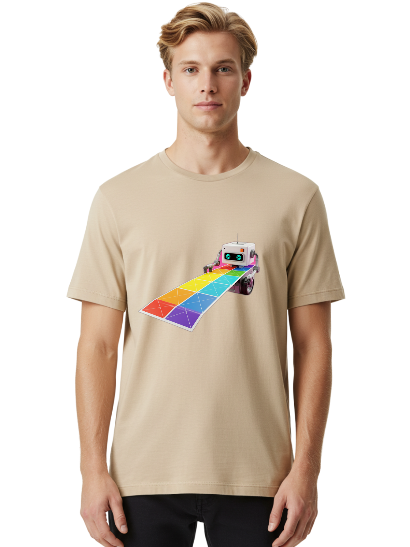 Robot-Dj-Booth Men'S Graphic Tee, 100% Cotton, Comfortable Casual Summer Wear, Machine Washable, Robot Dj, Colorful Turntable, Rainbow-Colored Dj Deck, Music Production, Electronic Dance Music, Futuristic Technology, Dance Floor Vibes, Bad494
