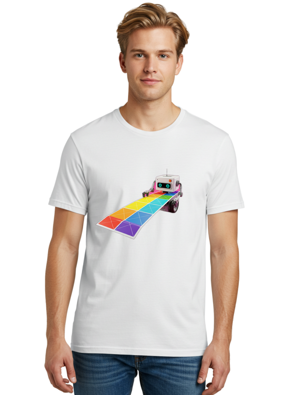 Robot-Dj-Booth Men'S Graphic Tee, 100% Cotton, Comfortable Casual Summer Wear, Machine Washable, Robot Dj, Colorful Turntable, Rainbow-Colored Dj Deck, Music Production, Electronic Dance Music, Futuristic Technology, Dance Floor Vibes, Bad494