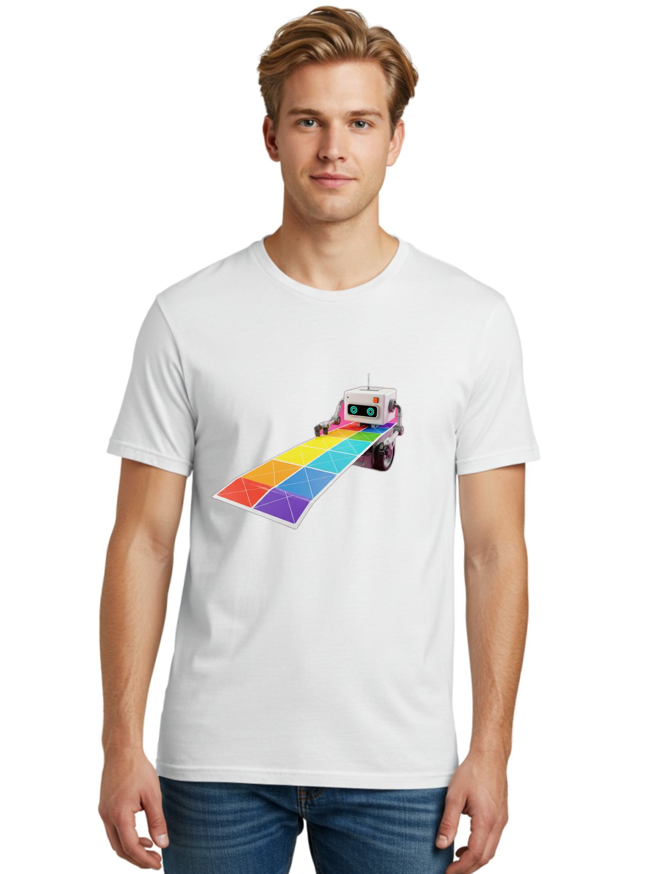Robot-Dj-Booth Men'S Graphic Tee, 100% Cotton, Comfortable Casual Summer Wear, Machine Washable, Robot Dj, Colorful Turntable, Rainbow-Colored Dj Deck, Music Production, Electronic Dance Music, Futuristic Technology, Dance Floor Vibes, Bad494