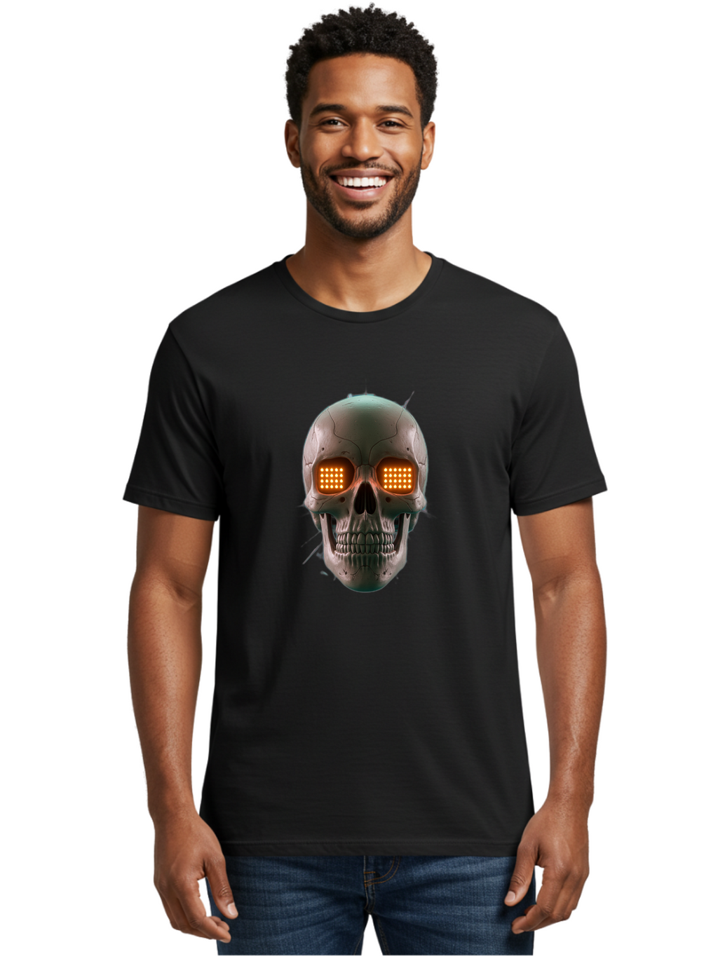 Robot-Skull Men'S Graphic Tee, 100% Cotton, Comfortable Casual Summer Wear, Machine Washable, Cyborg Skull, Robotic Eyes, Futuristic Technology, Sci-Fi Art, Glowing Orange Eyes, Skull Design, Dark Futuristic, Cybernetic Enhancements, Bad496