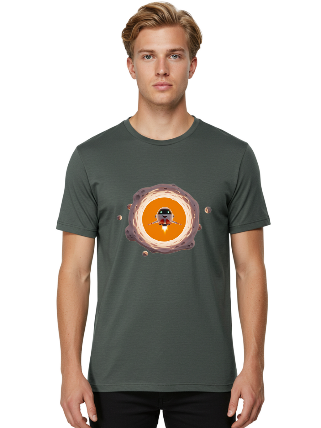 Robot-Spaceship Men'S Graphic Tee, 100% Cotton, Comfortable Casual Summer Wear, Machine Washable, Robot Spaceship Emerging From Crater, Asteroid Field, Robotic Exploration, Space Travel, Futuristic Technology, Sci-Fi Adventure, Cartoon Style Bad497