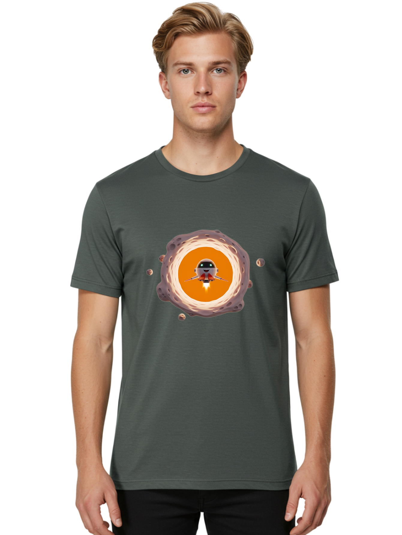 Robot-Spaceship Men'S Graphic Tee, 100% Cotton, Comfortable Casual Summer Wear, Machine Washable, Robot Spaceship Emerging From Crater, Asteroid Field, Robotic Exploration, Space Travel, Futuristic Technology, Sci-Fi Adventure, Cartoon Style Bad497