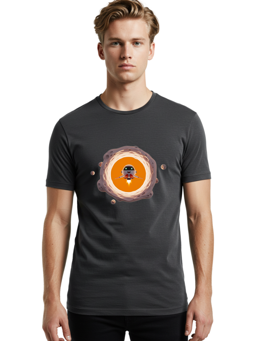 Robot-Spaceship Men'S Graphic Tee, 100% Cotton, Comfortable Casual Summer Wear, Machine Washable, Robot Spaceship Emerging From Crater, Asteroid Field, Robotic Exploration, Space Travel, Futuristic Technology, Sci-Fi Adventure, Cartoon Style Bad497