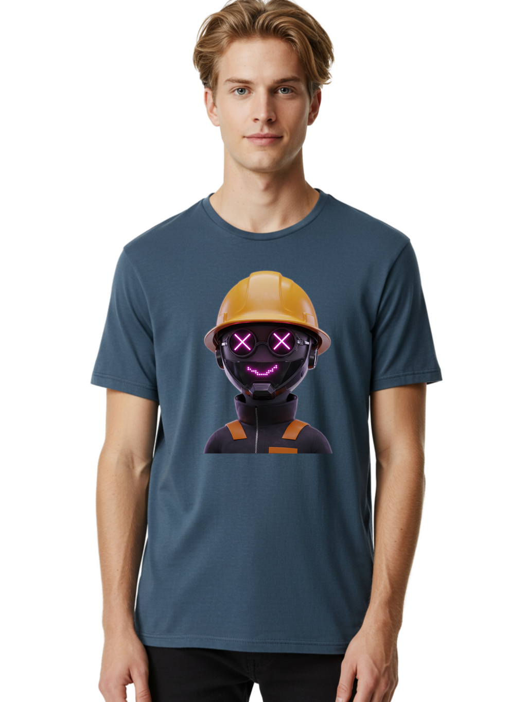 Robot-With-Construction-Hat Men'S Graphic Tee, 100% Cotton, Comfortable Casual Summer Wear, Machine Washable, Robot Character, Futuristic Design, Yellow Hard Hat, Neon Purple Eyes With X, Smiling Face, Black And Orange Jumpsuit, Bad498