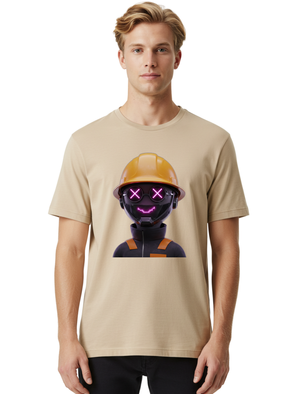 Robot-With-Construction-Hat Men'S Graphic Tee, 100% Cotton, Comfortable Casual Summer Wear, Machine Washable, Robot Character, Futuristic Design, Yellow Hard Hat, Neon Purple Eyes With X, Smiling Face, Black And Orange Jumpsuit, Bad498