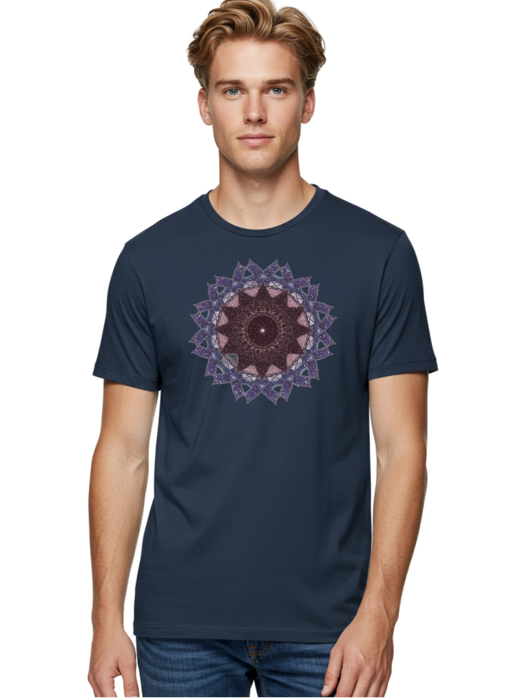Sacred-Geometry-Star Men'S Graphic Tee, 100% Cotton, Comfortable Casual Summer Wear, Machine Washable, Sacred Geometry, Mandala Art, Geometric Patterns, Star Symbol, Spiritual Design, Mystical Shapes, Cosmic Theme, Intricate Details, Bad501