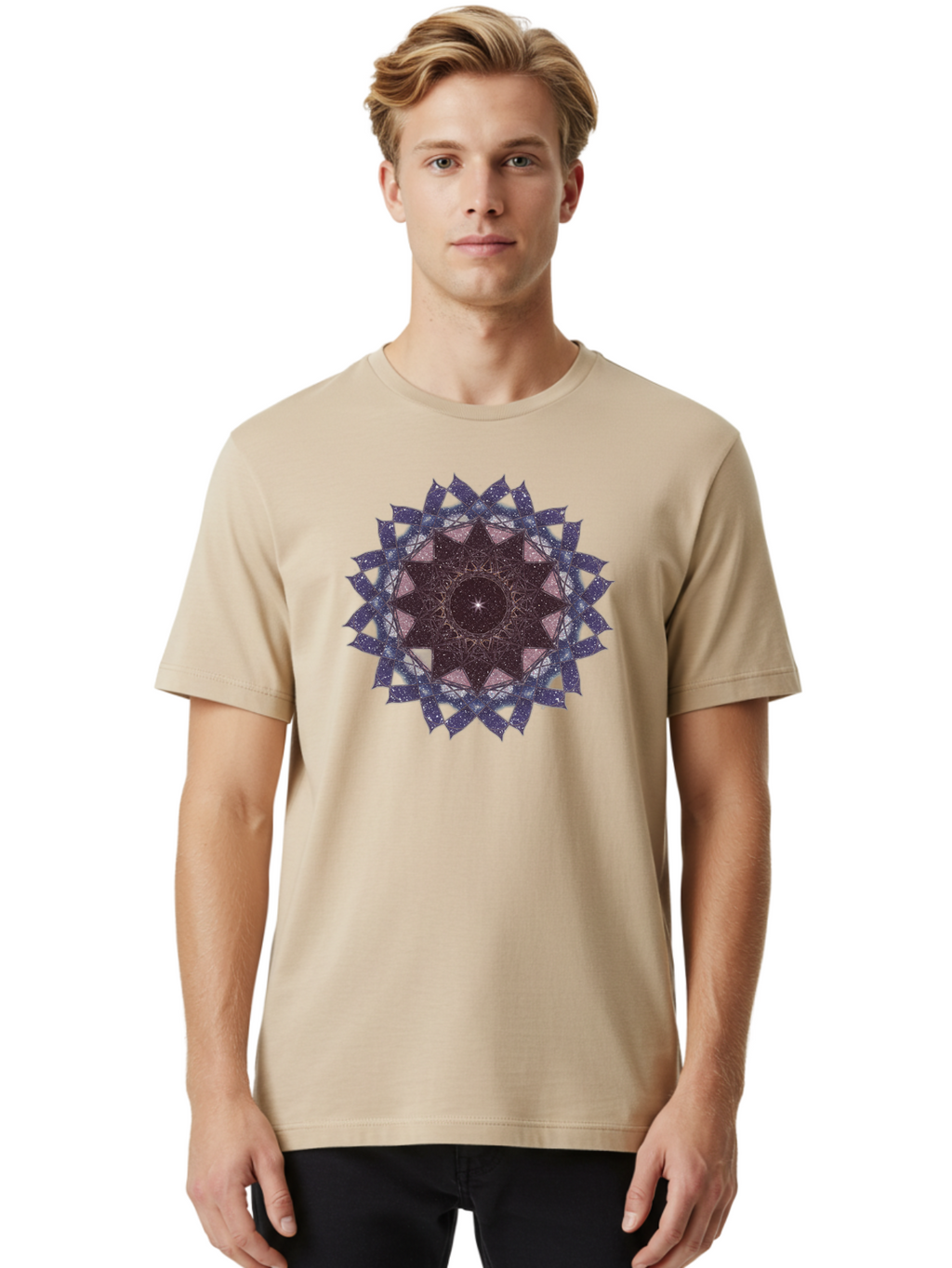 Sacred-Geometry-Star Men'S Graphic Tee, 100% Cotton, Comfortable Casual Summer Wear, Machine Washable, Sacred Geometry, Mandala Art, Geometric Patterns, Star Symbol, Spiritual Design, Mystical Shapes, Cosmic Theme, Intricate Details, Bad501