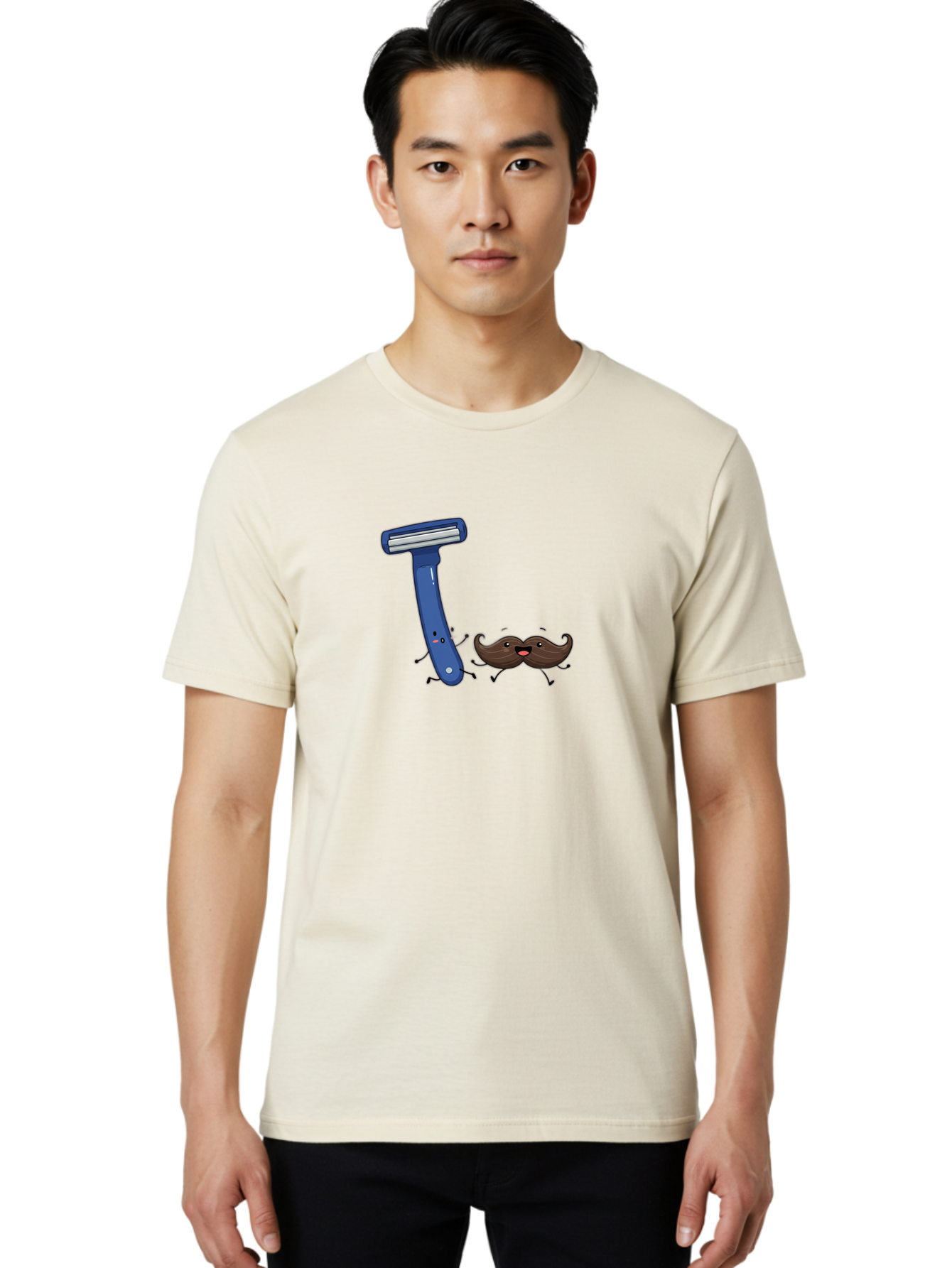 Safety-Razor-1 Men'S Graphic Tee, 100% Cotton, Comfortable Casual Summer Wear, Machine Washable, Cartoon Razor, Cartoon Mustache, Shaving Humor, Funny Illustrations, Playful Grooming, Razor And Mustache Characters, Quirky Art, Humorous Designs Bad503