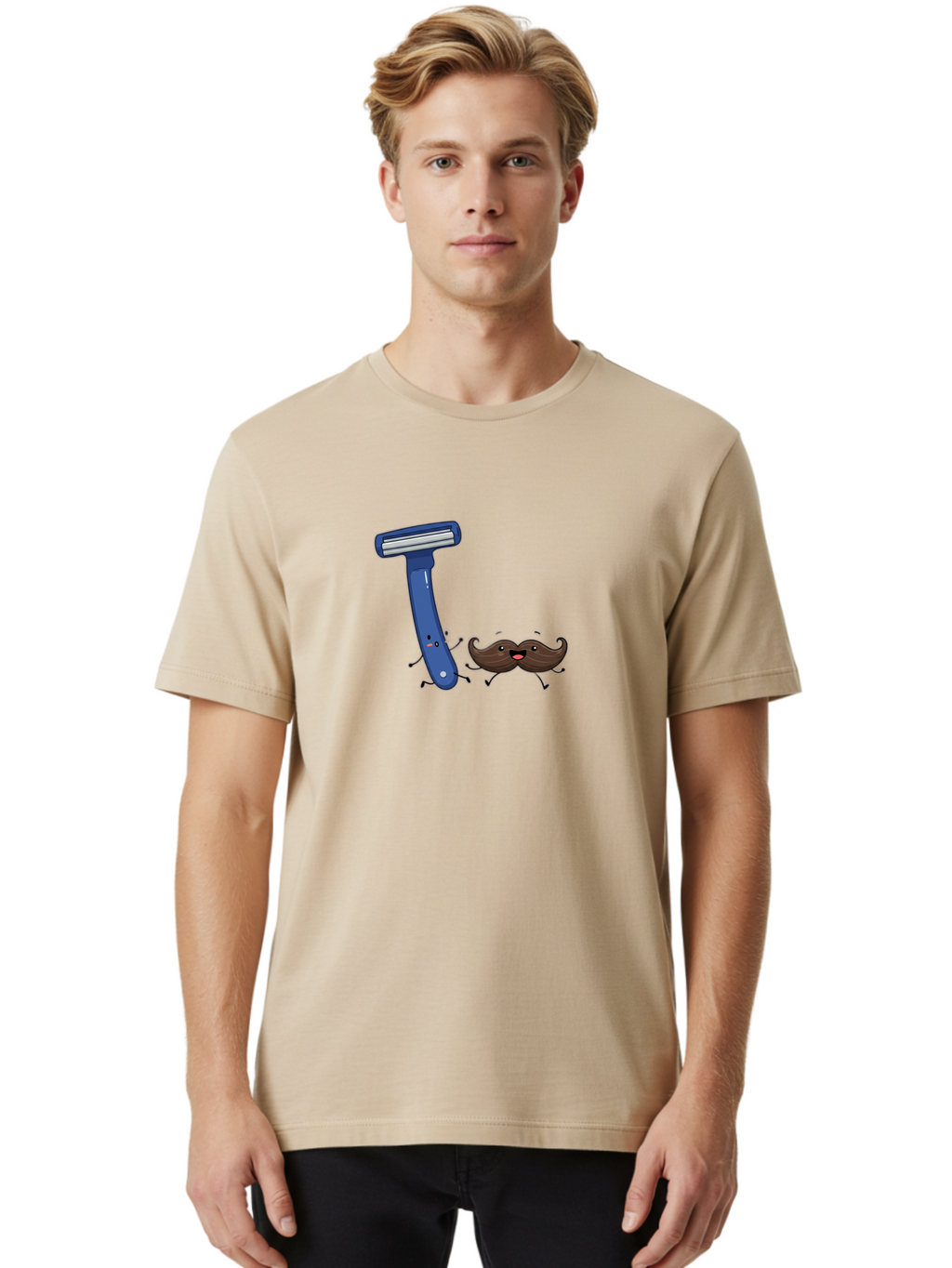 Safety-Razor-1 Men'S Graphic Tee, 100% Cotton, Comfortable Casual Summer Wear, Machine Washable, Cartoon Razor, Cartoon Mustache, Shaving Humor, Funny Illustrations, Playful Grooming, Razor And Mustache Characters, Quirky Art, Humorous Designs Bad503
