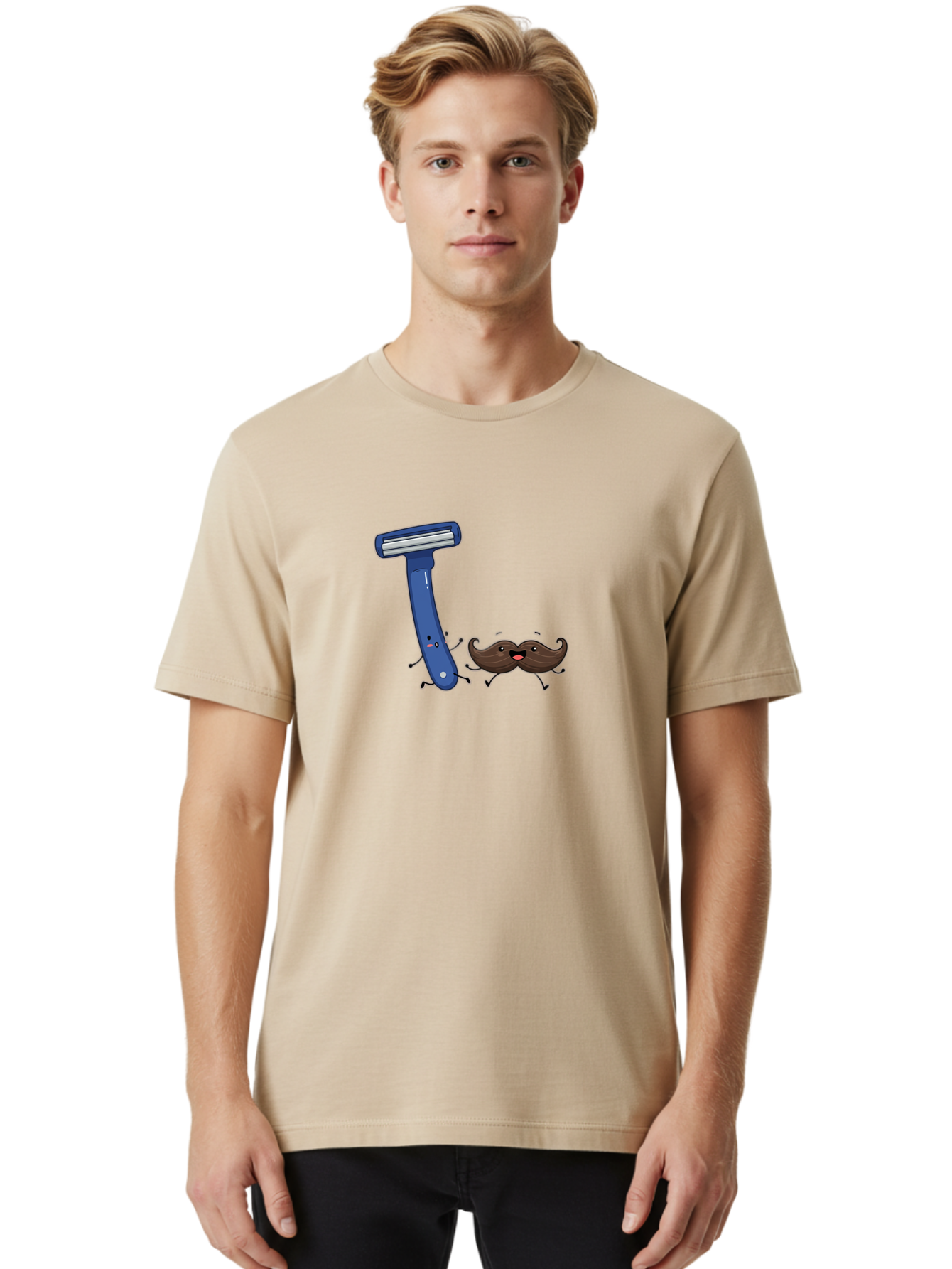 Safety-Razor-1 Men'S Graphic Tee, 100% Cotton, Comfortable Casual Summer Wear, Machine Washable, Cartoon Razor, Cartoon Mustache, Shaving Humor, Funny Illustrations, Playful Grooming, Razor And Mustache Characters, Quirky Art, Humorous Designs Bad503