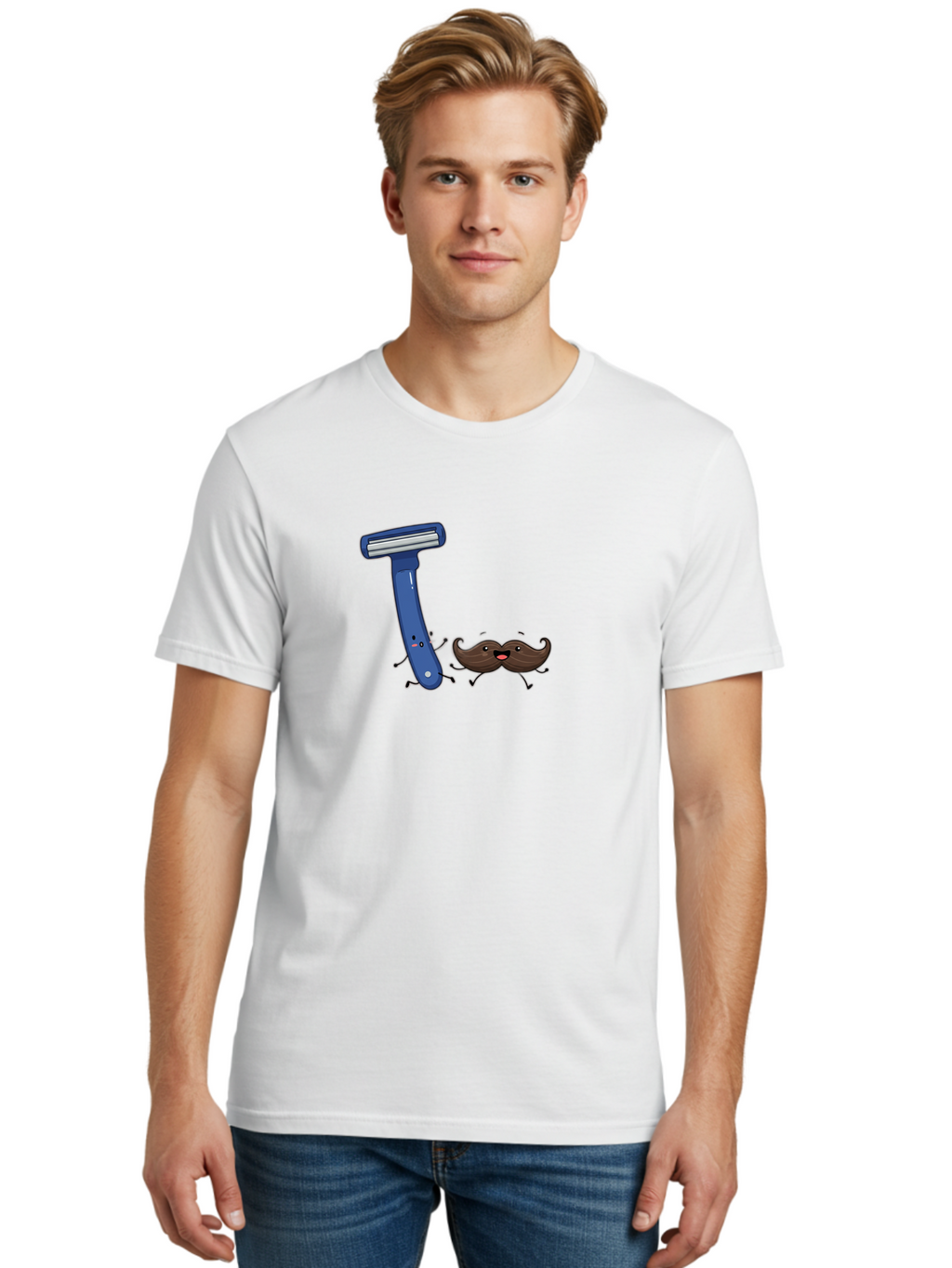 Safety-Razor-1 Men'S Graphic Tee, 100% Cotton, Comfortable Casual Summer Wear, Machine Washable, Cartoon Razor, Cartoon Mustache, Shaving Humor, Funny Illustrations, Playful Grooming, Razor And Mustache Characters, Quirky Art, Humorous Designs Bad503