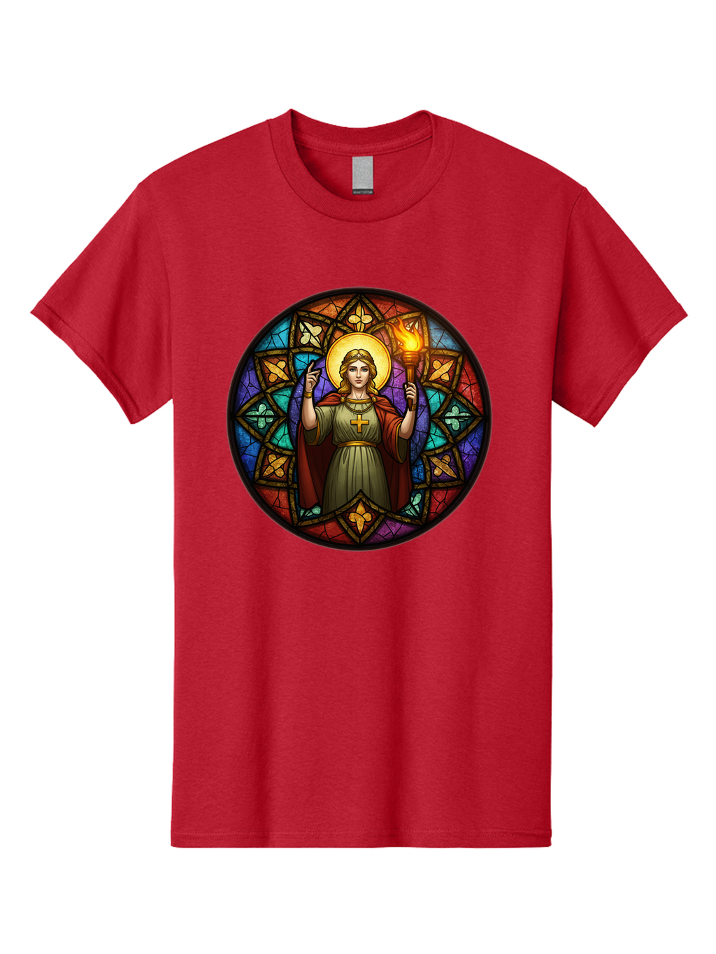 Saint-With-Torch-Stained-Glass Men'S Graphic Tee, 100% Cotton, Comfortable Casual Summer Wear, Machine Washable, Stained Glass Window, Saint With Torch, Cross Pendant, Floral Patterns, Vibrant Colors, Religious Art, Sacred Imagery, Bad505
