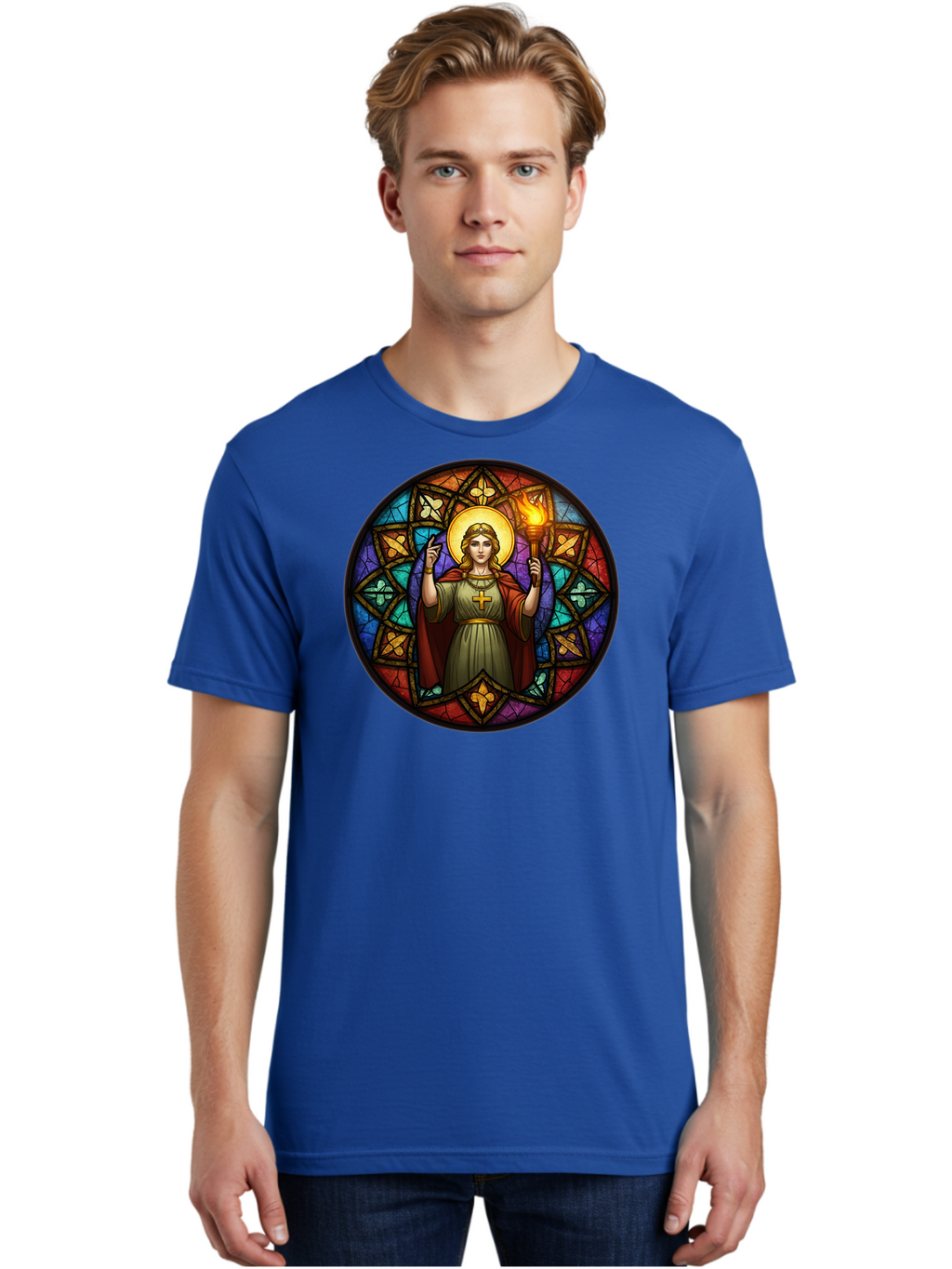 Saint-With-Torch-Stained-Glass Men'S Graphic Tee, 100% Cotton, Comfortable Casual Summer Wear, Machine Washable, Stained Glass Window, Saint With Torch, Cross Pendant, Floral Patterns, Vibrant Colors, Religious Art, Sacred Imagery, Bad505