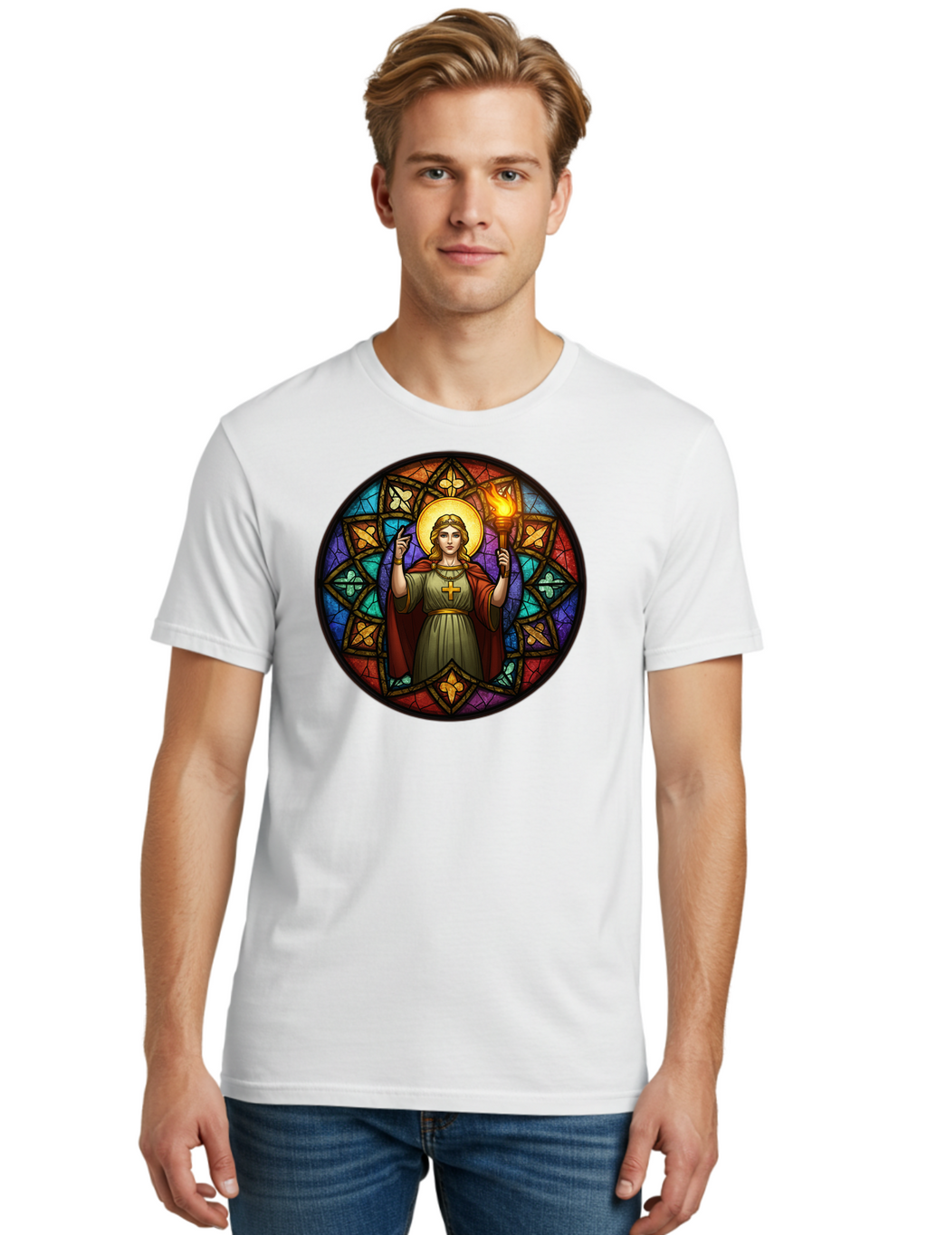 Saint-With-Torch-Stained-Glass Men'S Graphic Tee, 100% Cotton, Comfortable Casual Summer Wear, Machine Washable, Stained Glass Window, Saint With Torch, Cross Pendant, Floral Patterns, Vibrant Colors, Religious Art, Sacred Imagery, Bad505