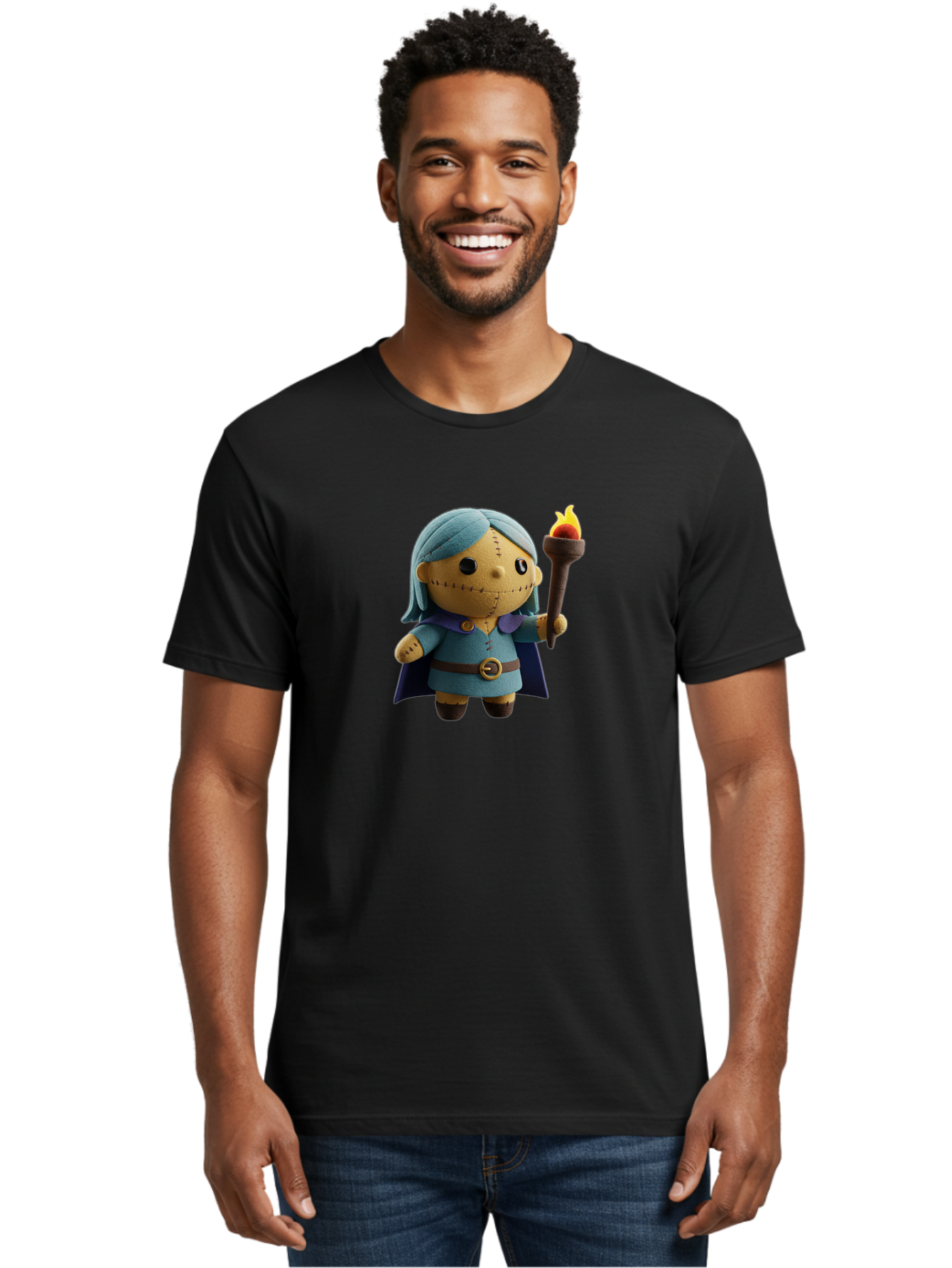 Sally Men'S Graphic Tee, 100% Cotton, Comfortable Casual Summer Wear, Machine Washable, Sally Figurine, Nightmare Before Christmas Character, Stitched Face, Blue Dress, Cape, Torch, Whimsical Design, Collectible Toy, Halloween Decoration Bad506