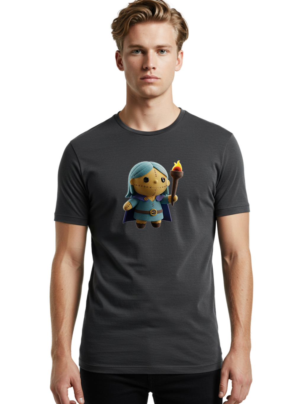 Sally Men'S Graphic Tee, 100% Cotton, Comfortable Casual Summer Wear, Machine Washable, Sally Figurine, Nightmare Before Christmas Character, Stitched Face, Blue Dress, Cape, Torch, Whimsical Design, Collectible Toy, Halloween Decoration Bad506