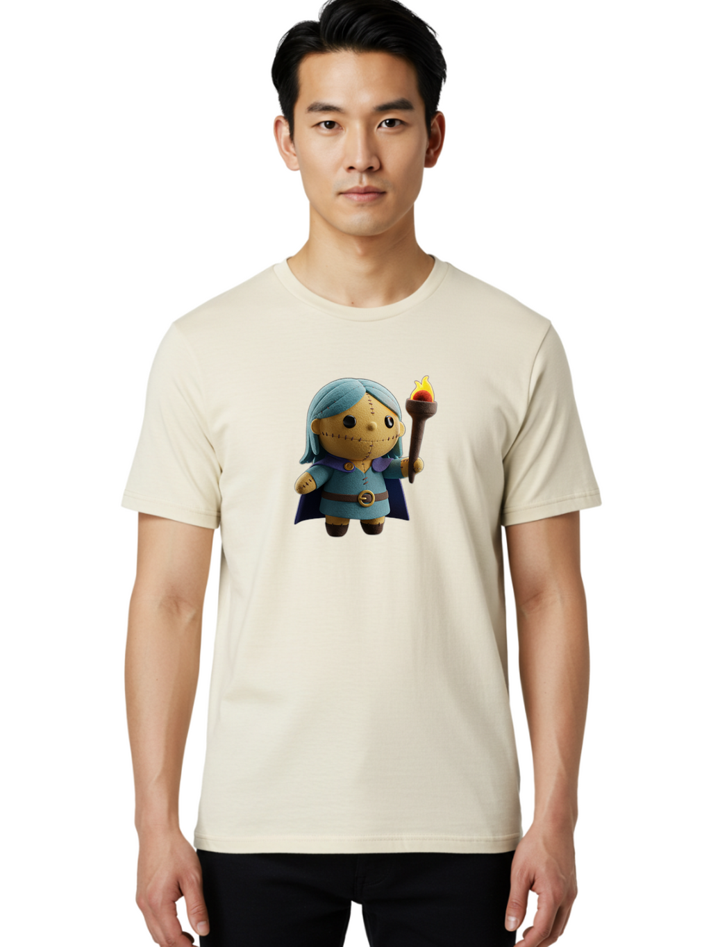 Sally Men'S Graphic Tee, 100% Cotton, Comfortable Casual Summer Wear, Machine Washable, Sally Figurine, Nightmare Before Christmas Character, Stitched Face, Blue Dress, Cape, Torch, Whimsical Design, Collectible Toy, Halloween Decoration Bad506