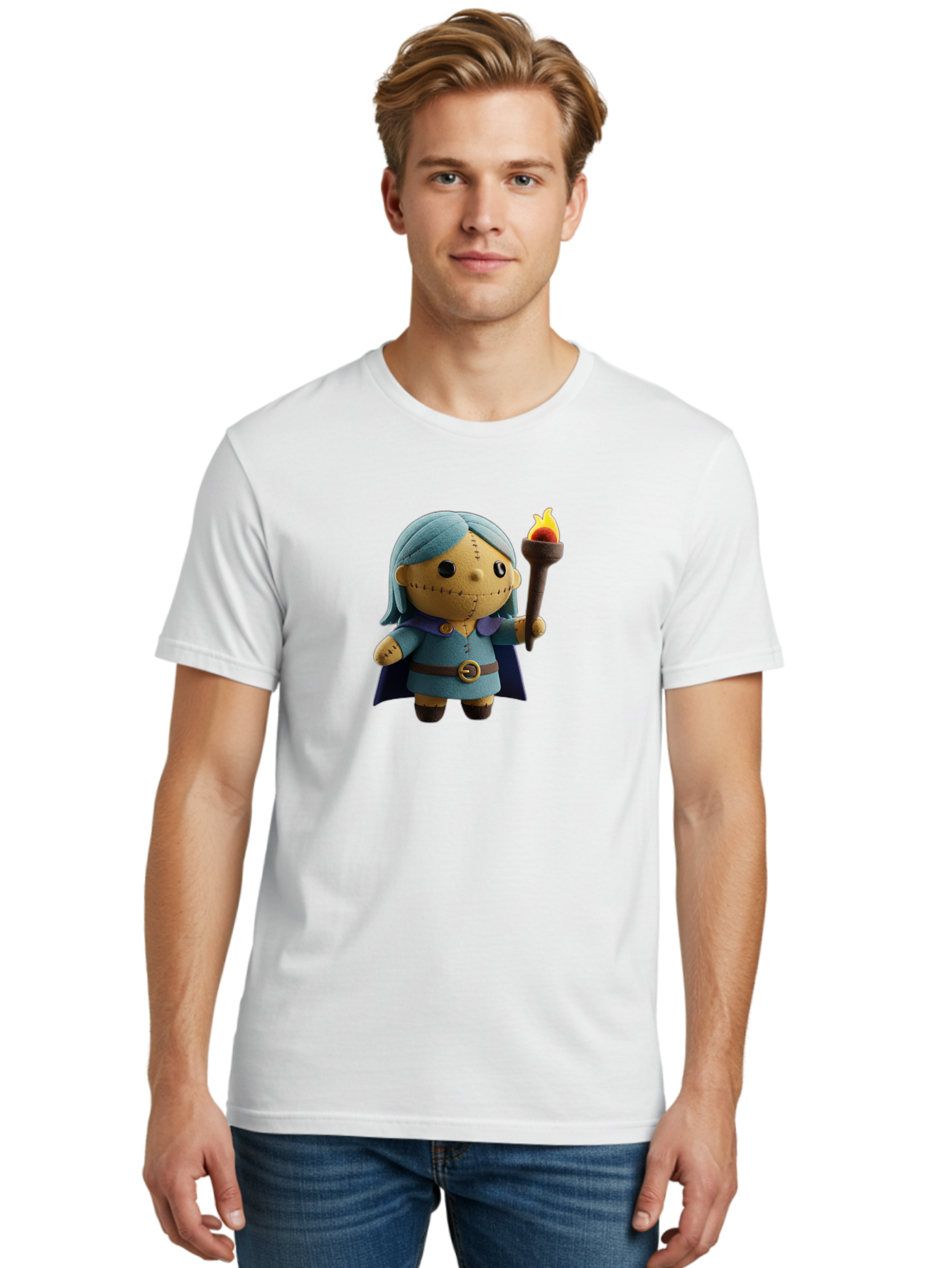 Sally Men'S Graphic Tee, 100% Cotton, Comfortable Casual Summer Wear, Machine Washable, Sally Figurine, Nightmare Before Christmas Character, Stitched Face, Blue Dress, Cape, Torch, Whimsical Design, Collectible Toy, Halloween Decoration Bad506