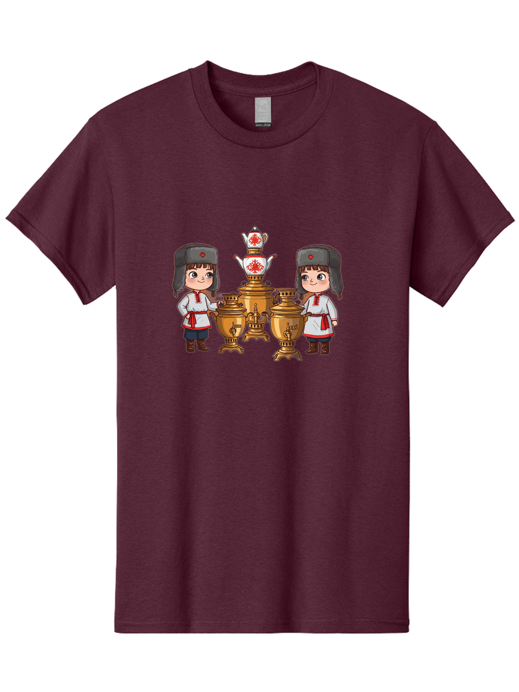 Samovar-Boys Men'S Graphic Tee, 100% Cotton, Comfortable Casual Summer Wear, Machine Washable, Traditional Russian Samovar, Vintage Tea Kettle, Copper Urns, Folk Costumes, Young Girls, Red Accents, Cultural Heritage, Russian Culture, Bad508