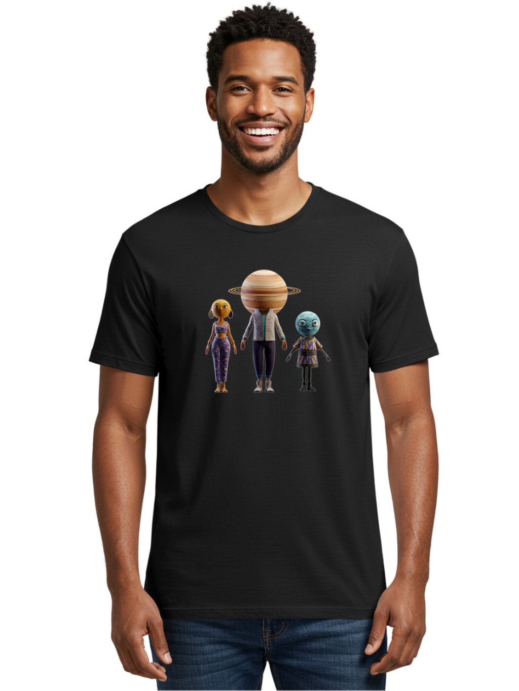 Saturn-Character-Trio Men'S Graphic Tee, 100% Cotton, Comfortable Casual Summer Wear, Machine Washable, Cartoon Characters, Futuristic Fashion, Space-Themed, Saturn Head, Planetary Rings, Alien Features, Colorful Outfits, 3D Rendering, Bad510