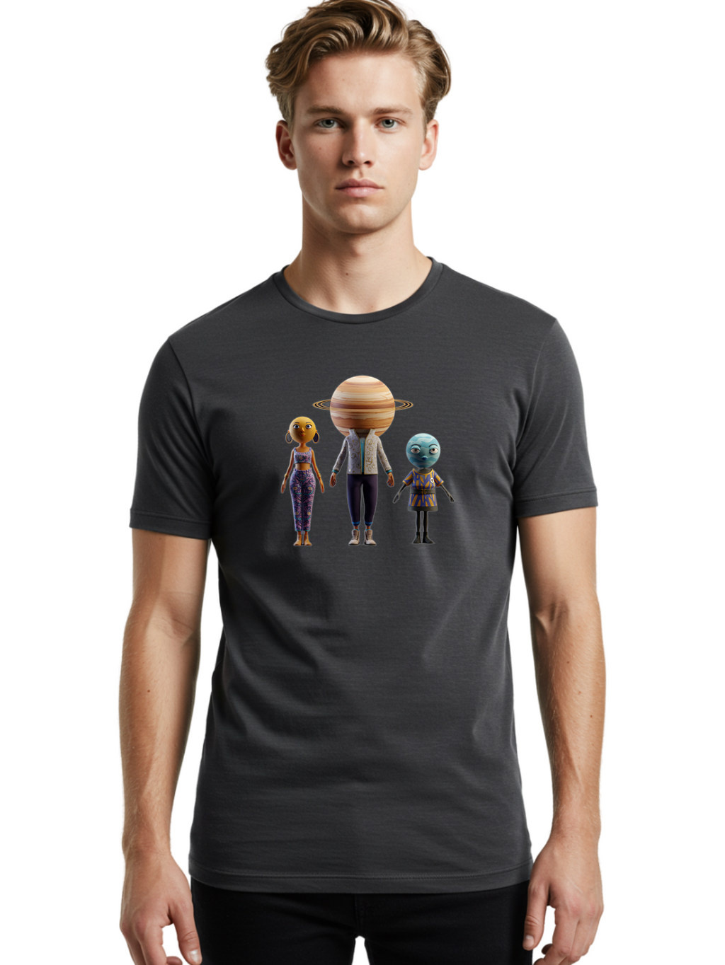Saturn-Character-Trio Men'S Graphic Tee, 100% Cotton, Comfortable Casual Summer Wear, Machine Washable, Cartoon Characters, Futuristic Fashion, Space-Themed, Saturn Head, Planetary Rings, Alien Features, Colorful Outfits, 3D Rendering, Bad510
