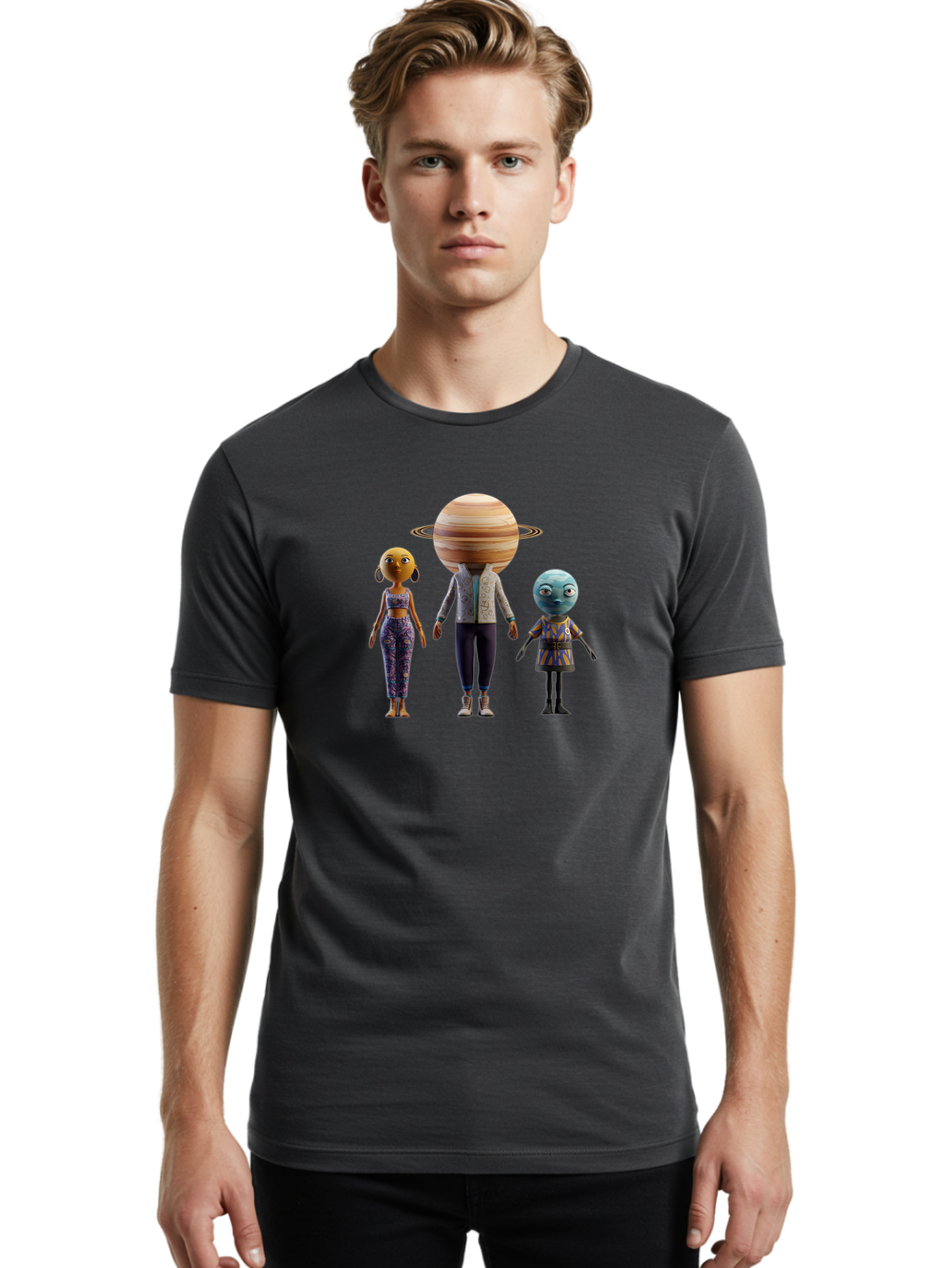 Saturn-Character-Trio Men'S Graphic Tee, 100% Cotton, Comfortable Casual Summer Wear, Machine Washable, Cartoon Characters, Futuristic Fashion, Space-Themed, Saturn Head, Planetary Rings, Alien Features, Colorful Outfits, 3D Rendering, Bad510