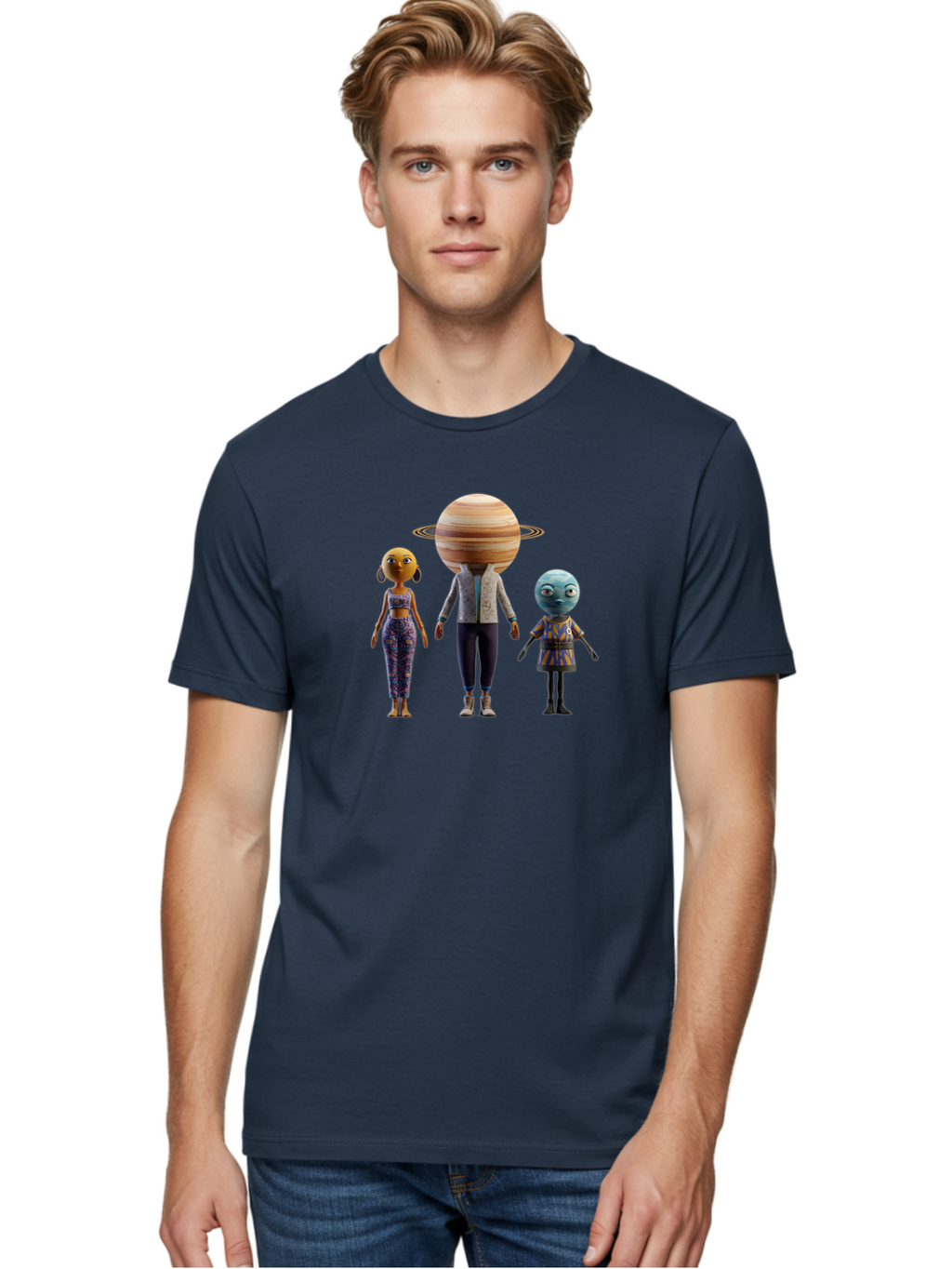 Saturn-Character-Trio Men'S Graphic Tee, 100% Cotton, Comfortable Casual Summer Wear, Machine Washable, Cartoon Characters, Futuristic Fashion, Space-Themed, Saturn Head, Planetary Rings, Alien Features, Colorful Outfits, 3D Rendering, Bad510
