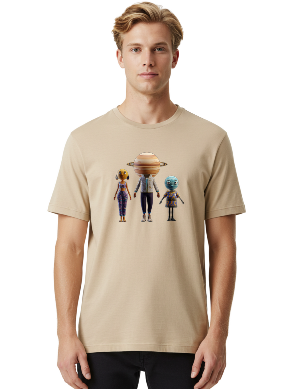 Saturn-Character-Trio Men'S Graphic Tee, 100% Cotton, Comfortable Casual Summer Wear, Machine Washable, Cartoon Characters, Futuristic Fashion, Space-Themed, Saturn Head, Planetary Rings, Alien Features, Colorful Outfits, 3D Rendering, Bad510