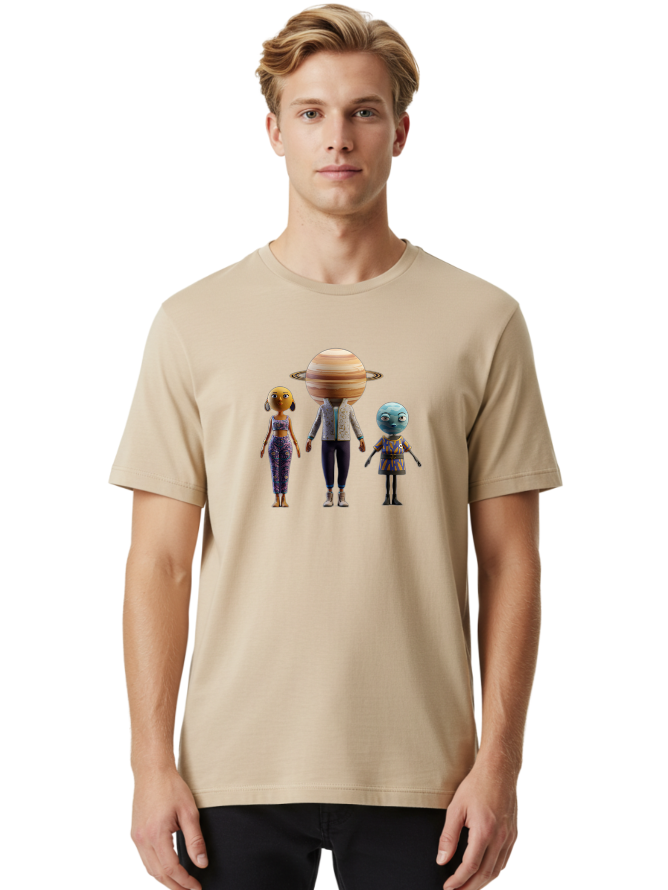 Saturn-Character-Trio Men'S Graphic Tee, 100% Cotton, Comfortable Casual Summer Wear, Machine Washable, Cartoon Characters, Futuristic Fashion, Space-Themed, Saturn Head, Planetary Rings, Alien Features, Colorful Outfits, 3D Rendering, Bad510