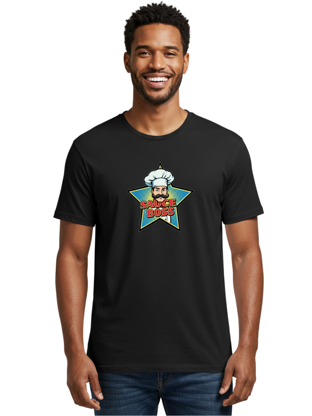 Sauce-Boss Men'S Graphic Tee, 100% Cotton, Comfortable Casual Summer Wear, Machine Washable, Cartoon Chef, White Hat, Mustache, Star Badge, Sauce Boss, Food Logo, Culinary Expert, Restaurant Branding, Chef Character Bad512