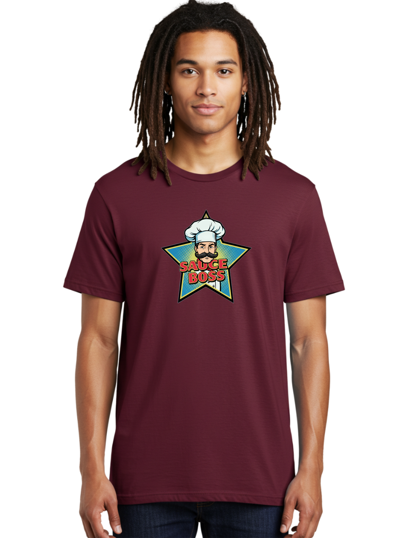 Sauce-Boss Men'S Graphic Tee, 100% Cotton, Comfortable Casual Summer Wear, Machine Washable, Cartoon Chef, White Hat, Mustache, Star Badge, Sauce Boss, Food Logo, Culinary Expert, Restaurant Branding, Chef Character Bad512