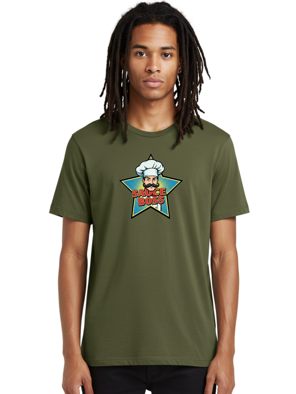 Sauce-Boss Men'S Graphic Tee, 100% Cotton, Comfortable Casual Summer Wear, Machine Washable, Cartoon Chef, White Hat, Mustache, Star Badge, Sauce Boss, Food Logo, Culinary Expert, Restaurant Branding, Chef Character Bad512