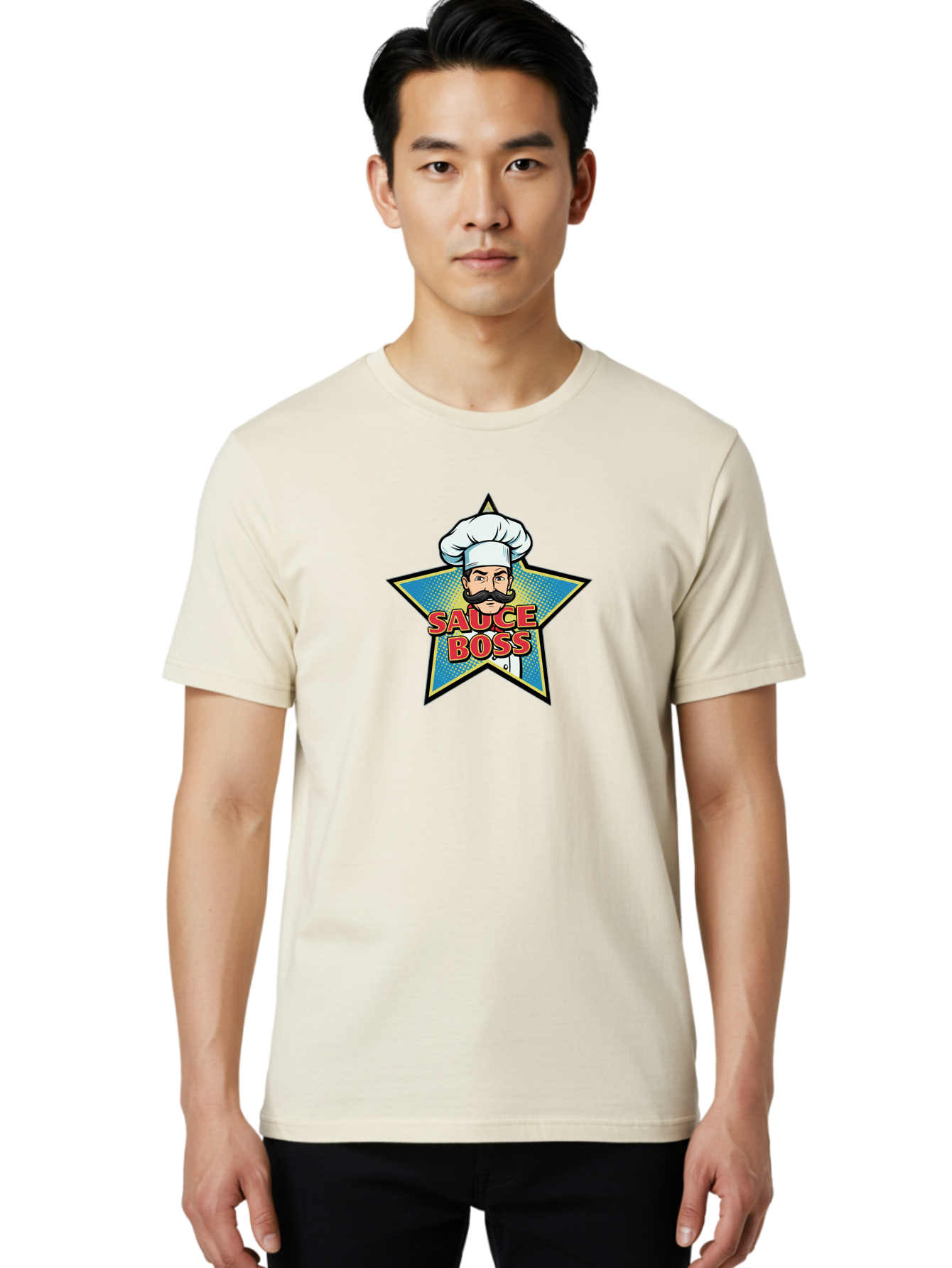 Sauce-Boss Men'S Graphic Tee, 100% Cotton, Comfortable Casual Summer Wear, Machine Washable, Cartoon Chef, White Hat, Mustache, Star Badge, Sauce Boss, Food Logo, Culinary Expert, Restaurant Branding, Chef Character Bad512