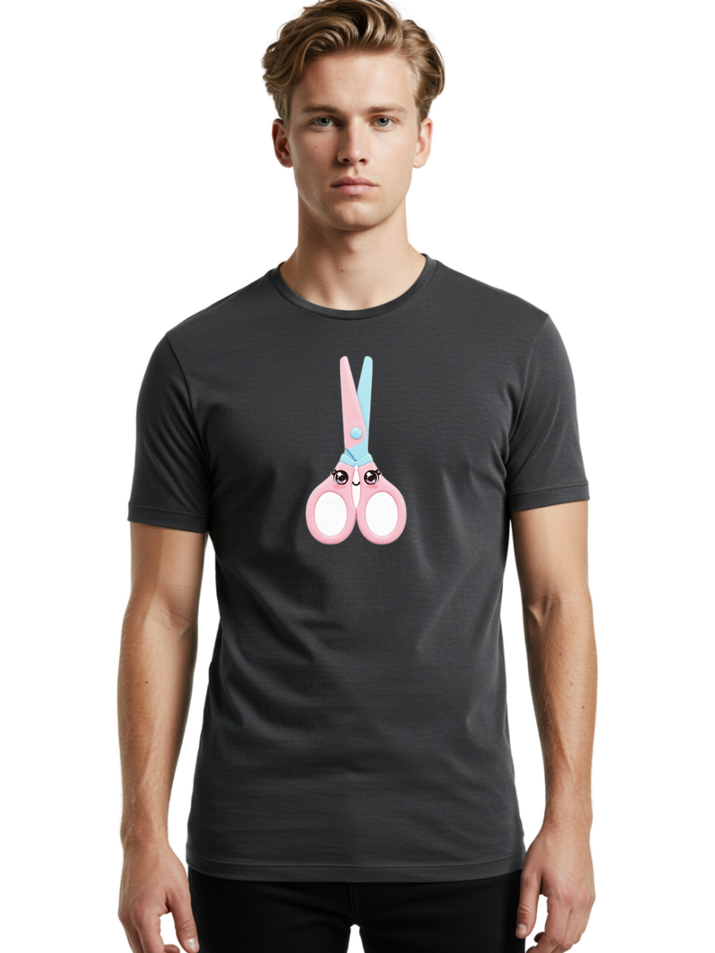 Scissor-Face Men'S Graphic Tee, 100% Cotton, Comfortable Casual Summer Wear, Machine Washable, Cute Cartoon Scissors, Pink And Blue, Cartoon Eyes, Smiling Face, Child'S Craft, Art Supplies, Kids' Creativity, Nursery Decor, Stationery, Bad515