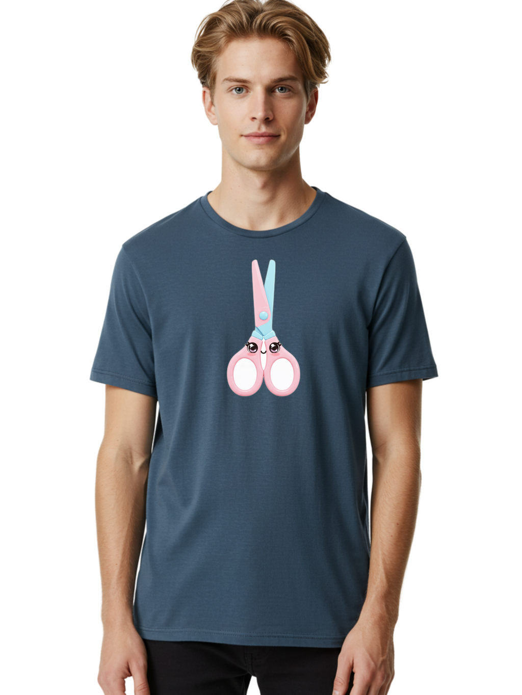 Scissor-Face Men'S Graphic Tee, 100% Cotton, Comfortable Casual Summer Wear, Machine Washable, Cute Cartoon Scissors, Pink And Blue, Cartoon Eyes, Smiling Face, Child'S Craft, Art Supplies, Kids' Creativity, Nursery Decor, Stationery, Bad515