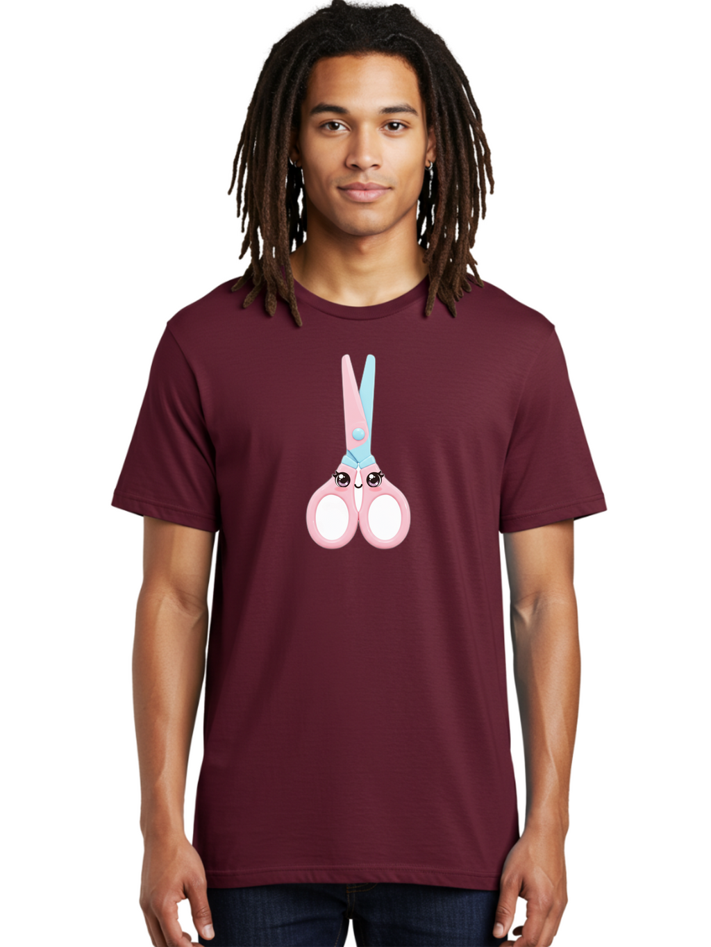Scissor-Face Men'S Graphic Tee, 100% Cotton, Comfortable Casual Summer Wear, Machine Washable, Cute Cartoon Scissors, Pink And Blue, Cartoon Eyes, Smiling Face, Child'S Craft, Art Supplies, Kids' Creativity, Nursery Decor, Stationery, Bad515