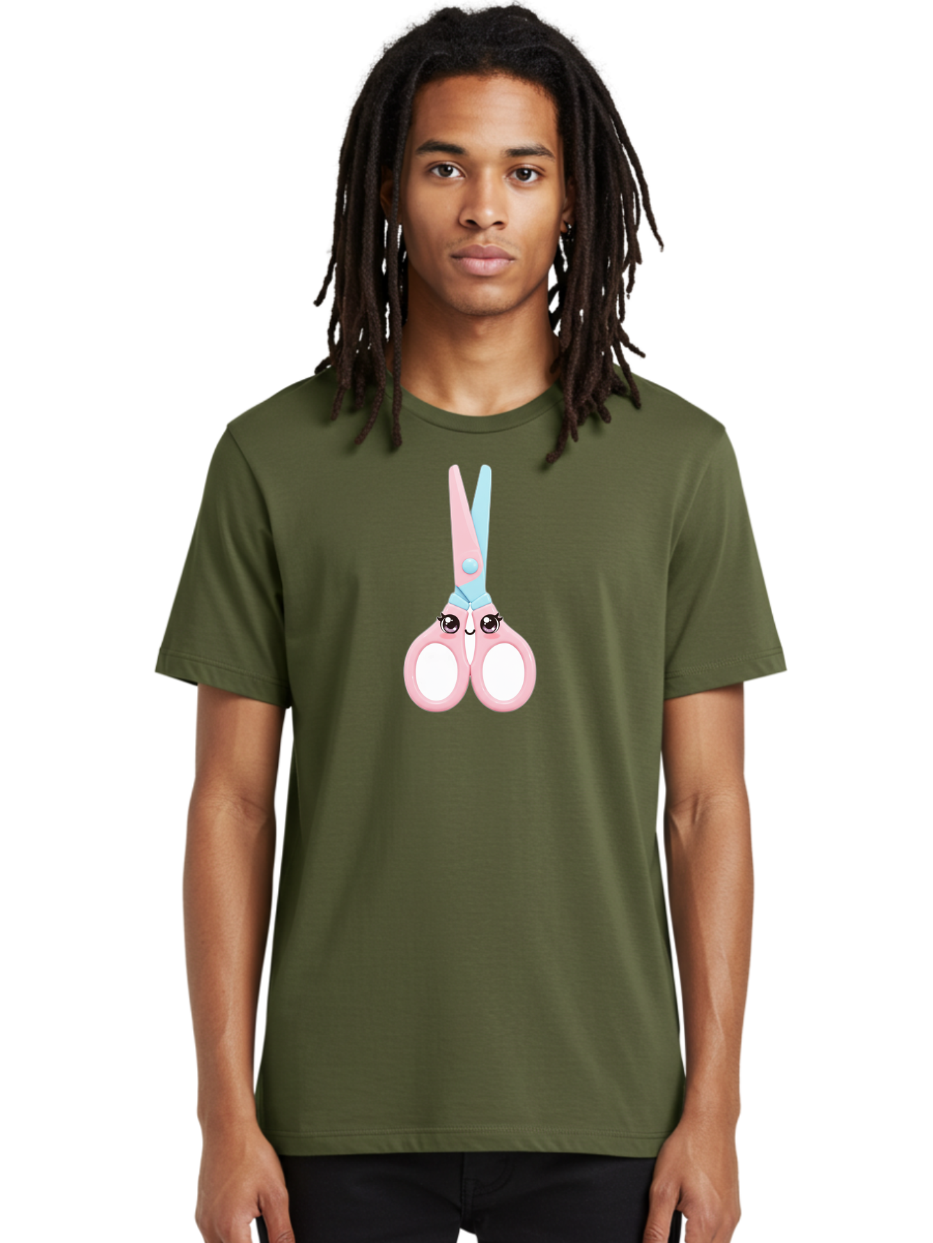 Scissor-Face Men'S Graphic Tee, 100% Cotton, Comfortable Casual Summer Wear, Machine Washable, Cute Cartoon Scissors, Pink And Blue, Cartoon Eyes, Smiling Face, Child'S Craft, Art Supplies, Kids' Creativity, Nursery Decor, Stationery, Bad515