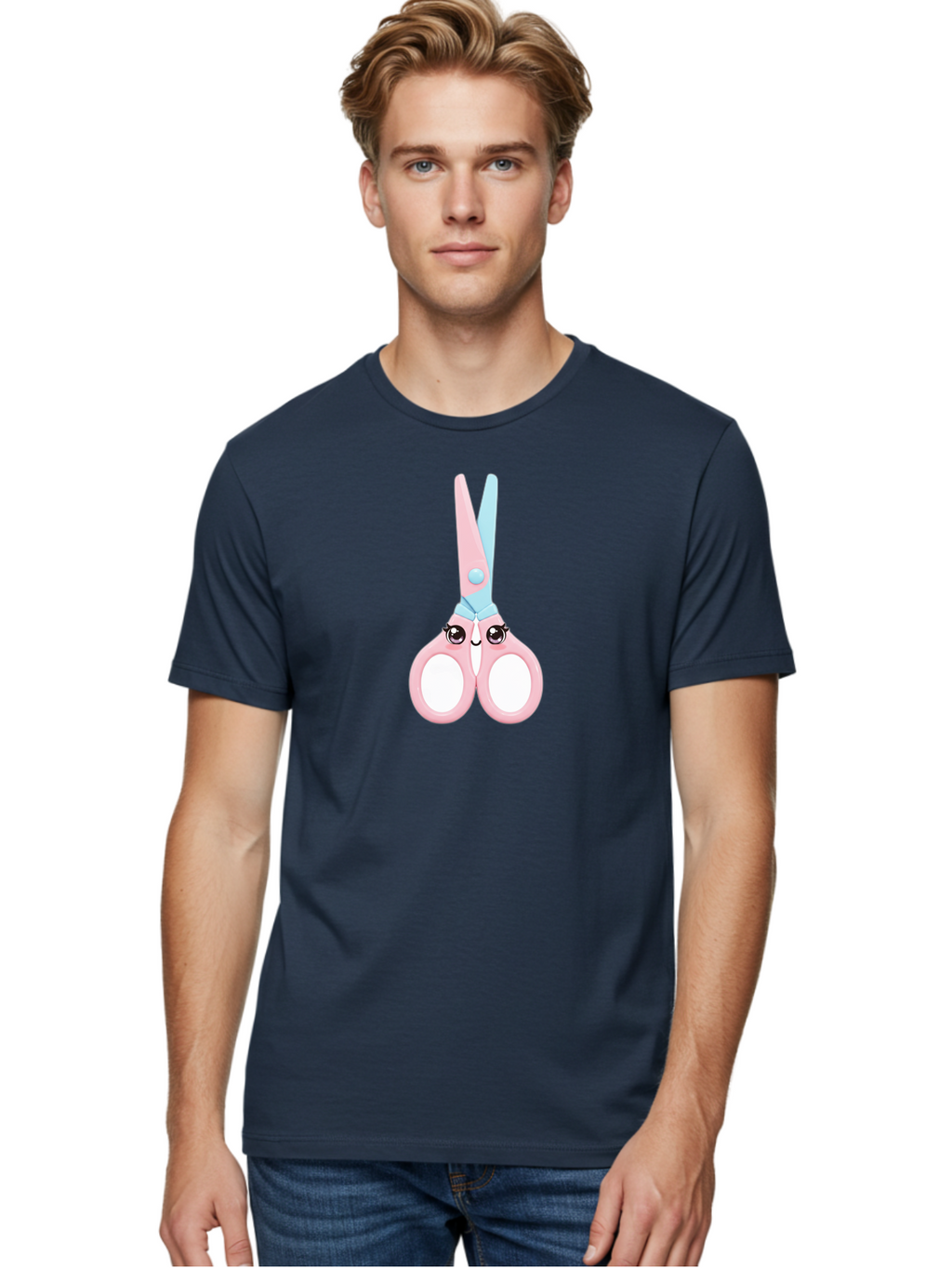 Scissor-Face Men'S Graphic Tee, 100% Cotton, Comfortable Casual Summer Wear, Machine Washable, Cute Cartoon Scissors, Pink And Blue, Cartoon Eyes, Smiling Face, Child'S Craft, Art Supplies, Kids' Creativity, Nursery Decor, Stationery, Bad515