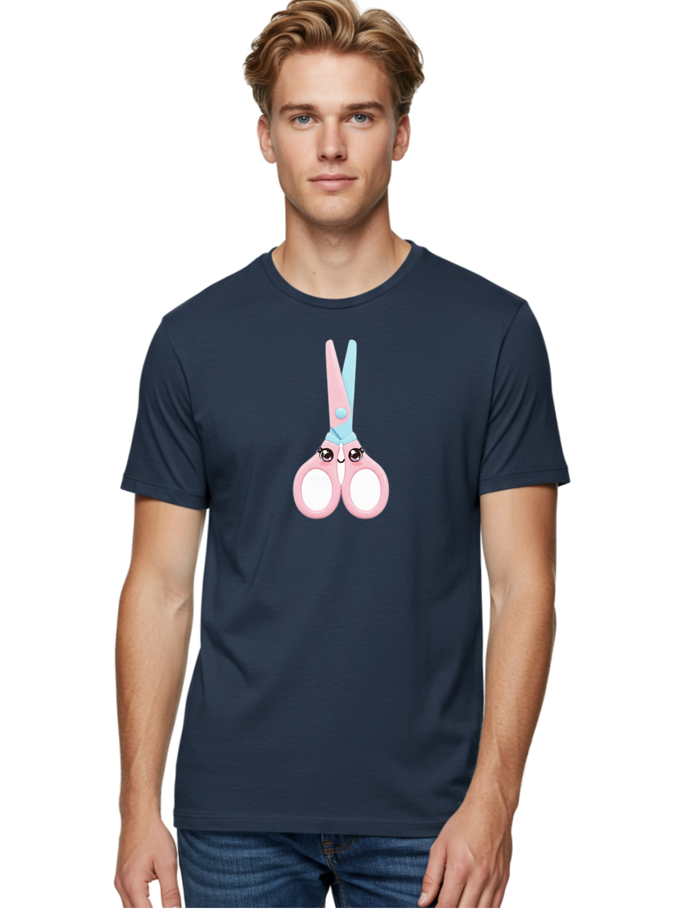 Scissor-Face Men'S Graphic Tee, 100% Cotton, Comfortable Casual Summer Wear, Machine Washable, Cute Cartoon Scissors, Pink And Blue, Cartoon Eyes, Smiling Face, Child'S Craft, Art Supplies, Kids' Creativity, Nursery Decor, Stationery, Bad515