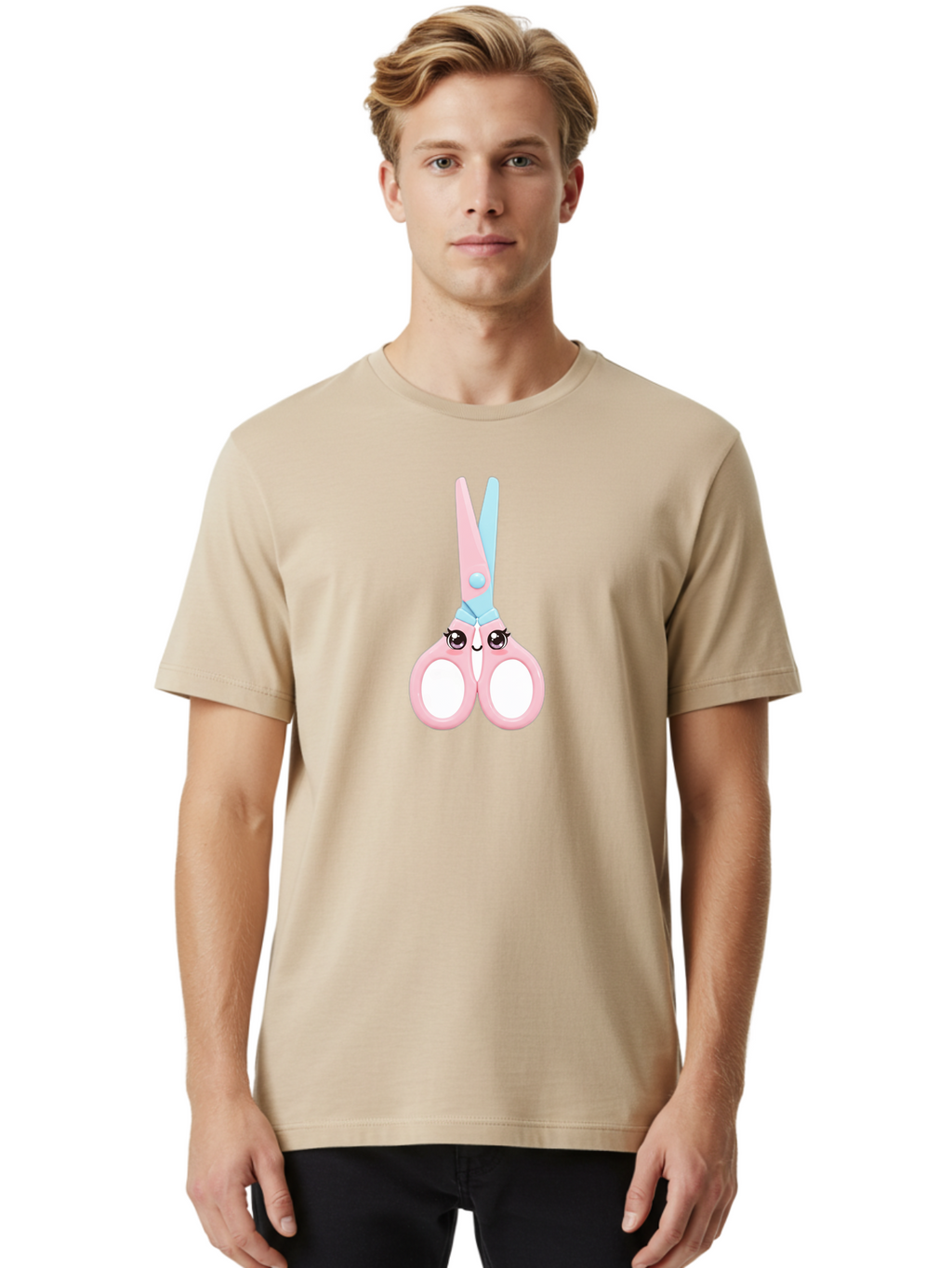 Scissor-Face Men'S Graphic Tee, 100% Cotton, Comfortable Casual Summer Wear, Machine Washable, Cute Cartoon Scissors, Pink And Blue, Cartoon Eyes, Smiling Face, Child'S Craft, Art Supplies, Kids' Creativity, Nursery Decor, Stationery, Bad515