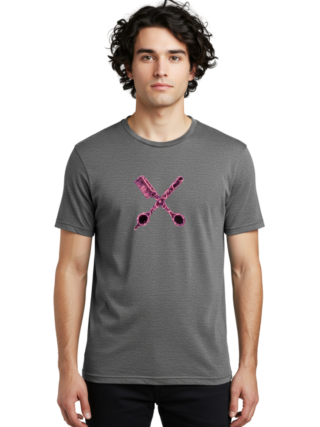 Scissors-And-Comb-1 Men'S Graphic Tee, 100% Cotton, Comfortable Casual Summer Wear, Machine Washable, Salon Logo, Beauty Tools, Hair Cutting Scissors, Comb And Scissors, Hairdressing Equipment, Beauty Salon, Pink Graphics, Salon Icon, Bad518
