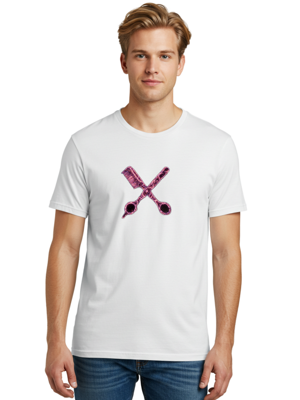 Scissors-And-Comb-1 Men'S Graphic Tee, 100% Cotton, Comfortable Casual Summer Wear, Machine Washable, Salon Logo, Beauty Tools, Hair Cutting Scissors, Comb And Scissors, Hairdressing Equipment, Beauty Salon, Pink Graphics, Salon Icon, Bad518