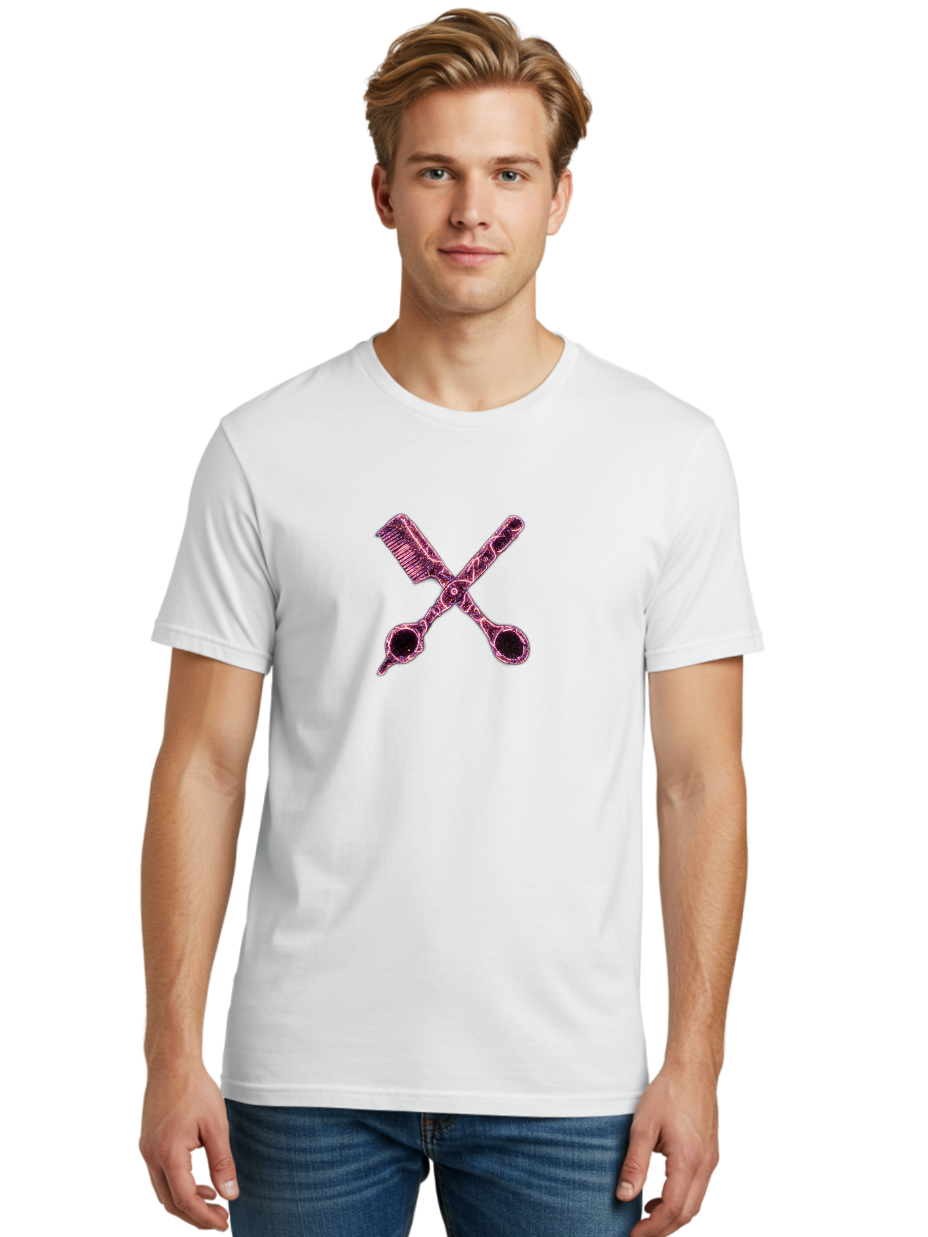 Scissors-And-Comb-1 Men'S Graphic Tee, 100% Cotton, Comfortable Casual Summer Wear, Machine Washable, Salon Logo, Beauty Tools, Hair Cutting Scissors, Comb And Scissors, Hairdressing Equipment, Beauty Salon, Pink Graphics, Salon Icon, Bad518