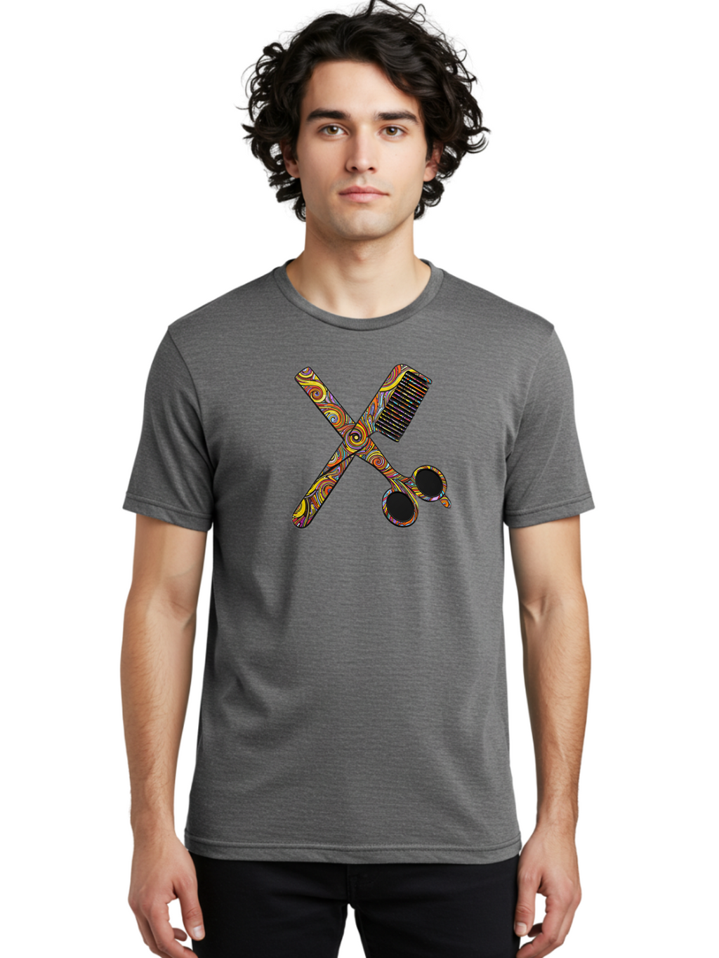Scissors-And-Comb Men'S Graphic Tee, 100% Cotton, Comfortable Casual Summer Wear, Machine Washable, Colorful Scissors, Hair Comb, Swirly Design, Vibrant Colors, Beauty Tools, Hair Care Accessories, Artistic Patterns, Grooming Essentials Bad519