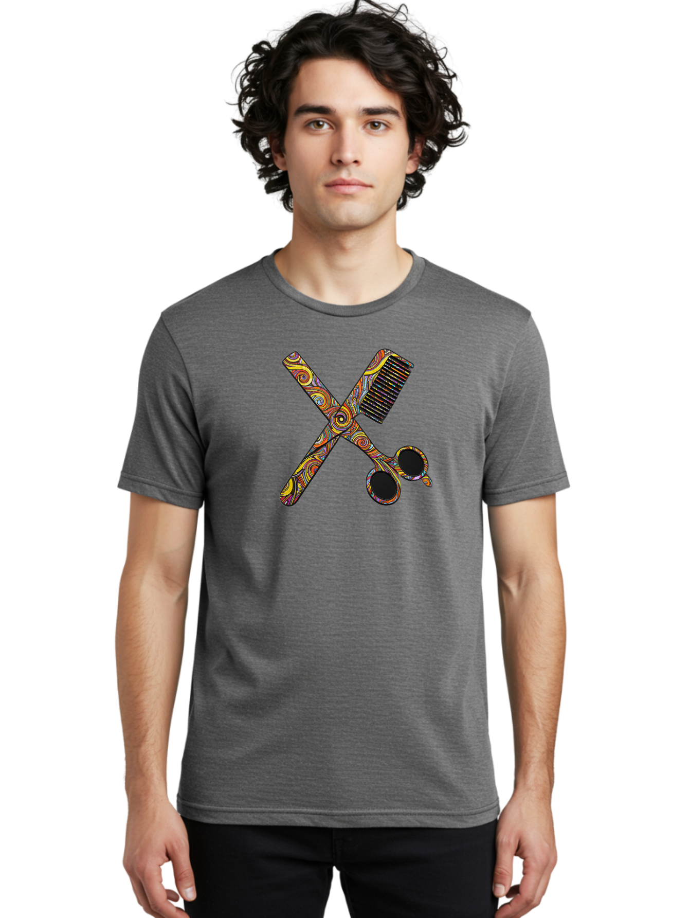 Scissors-And-Comb Men'S Graphic Tee, 100% Cotton, Comfortable Casual Summer Wear, Machine Washable, Colorful Scissors, Hair Comb, Swirly Design, Vibrant Colors, Beauty Tools, Hair Care Accessories, Artistic Patterns, Grooming Essentials Bad519