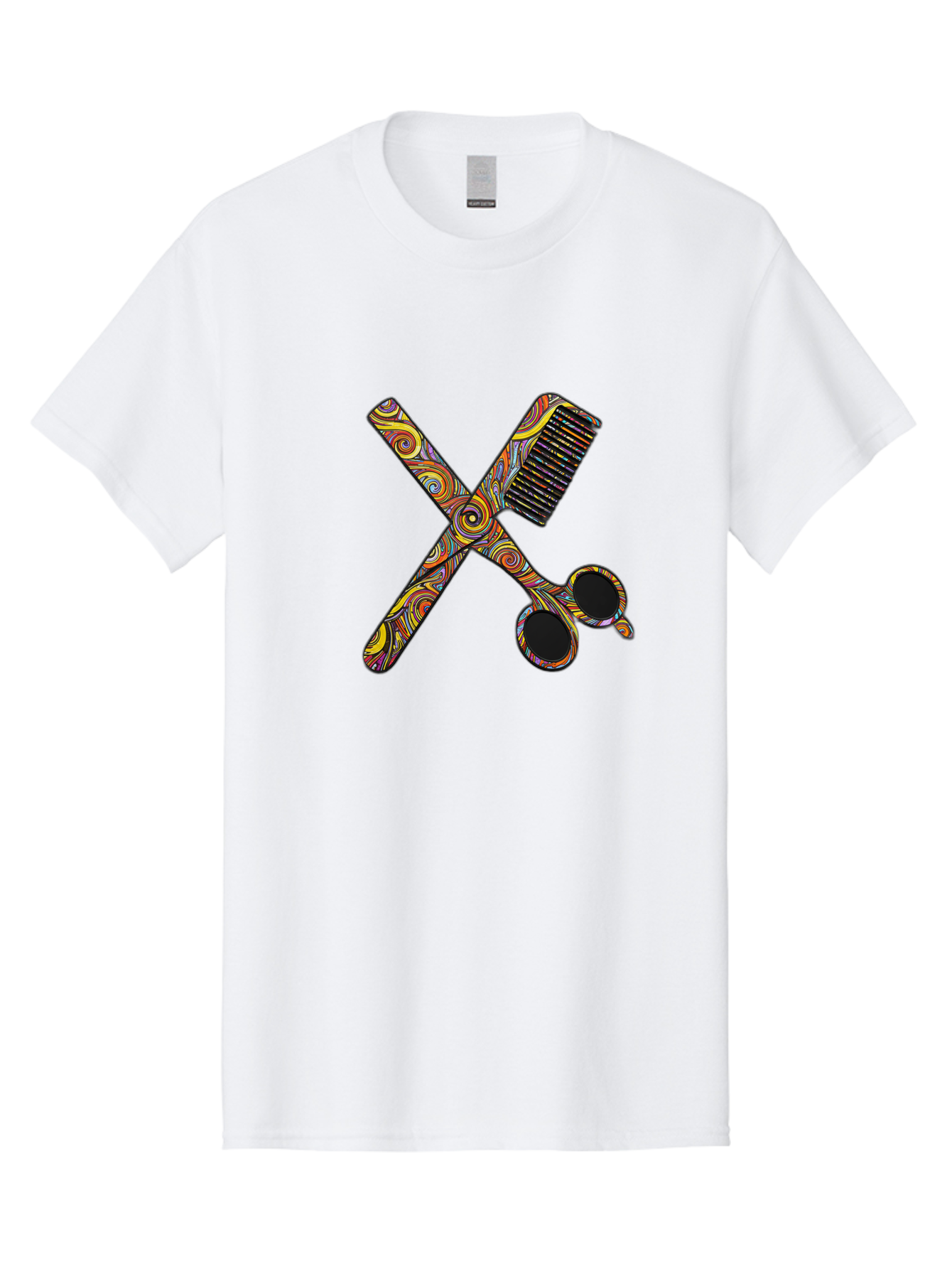 Scissors-And-Comb Men'S Graphic Tee, 100% Cotton, Comfortable Casual Summer Wear, Machine Washable, Colorful Scissors, Hair Comb, Swirly Design, Vibrant Colors, Beauty Tools, Hair Care Accessories, Artistic Patterns, Grooming Essentials Bad519
