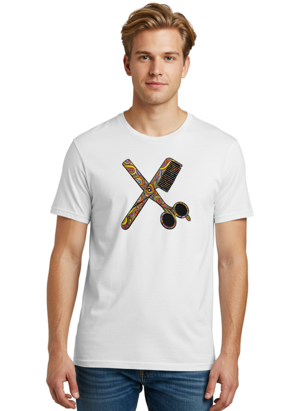 Scissors-And-Comb Men'S Graphic Tee, 100% Cotton, Comfortable Casual Summer Wear, Machine Washable, Colorful Scissors, Hair Comb, Swirly Design, Vibrant Colors, Beauty Tools, Hair Care Accessories, Artistic Patterns, Grooming Essentials Bad519
