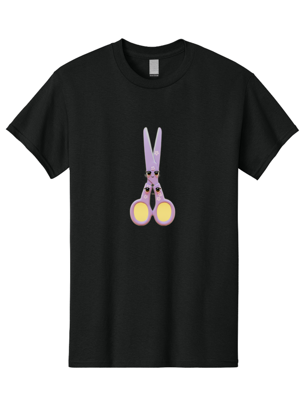 Scissors-Character-1 Men'S Graphic Tee, 100% Cotton, Comfortable Casual Summer Wear, Machine Washable, Cartoon Scissors, Cute, Kawaii, Pastel Purple, Yellow Finger Holes, White Flowers, Cute Faces, Googly Eyes Bad520