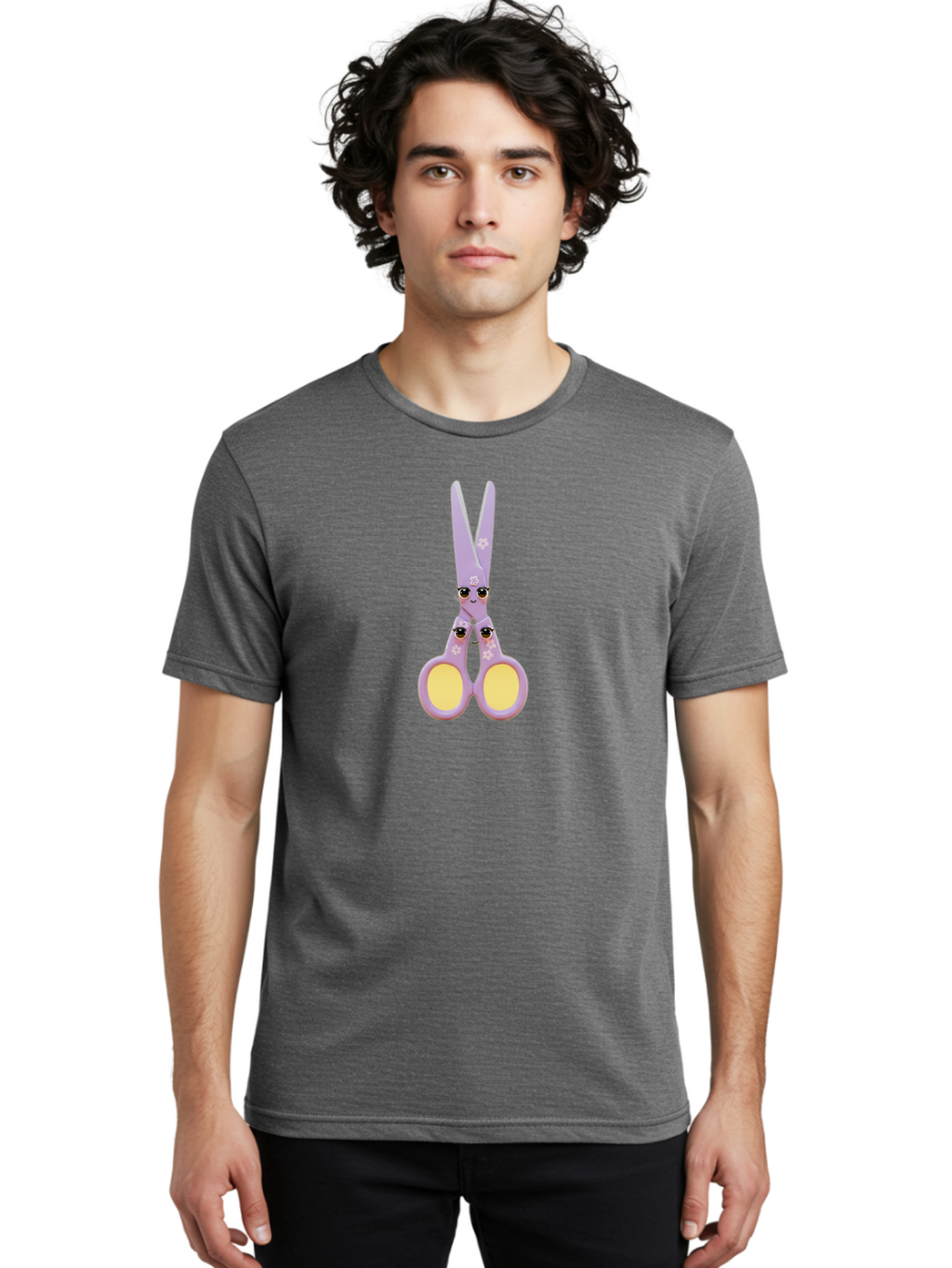 Scissors-Character-1 Men'S Graphic Tee, 100% Cotton, Comfortable Casual Summer Wear, Machine Washable, Cartoon Scissors, Cute, Kawaii, Pastel Purple, Yellow Finger Holes, White Flowers, Cute Faces, Googly Eyes Bad520